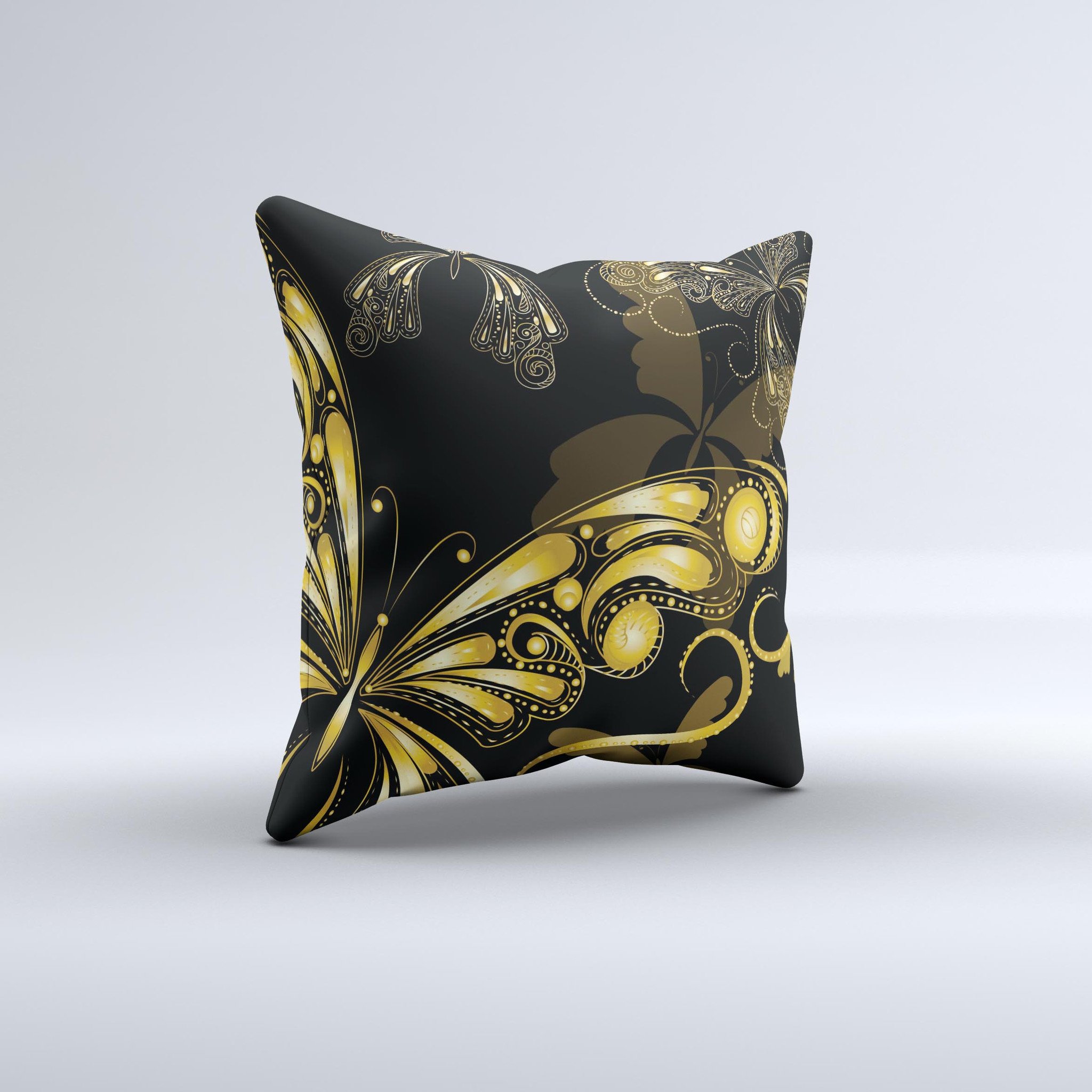 Vibrant Gold Butterfly Outline ink-Fuzed Decorative Throw Pillow showcasing a unique butterfly design on a soft fabric.