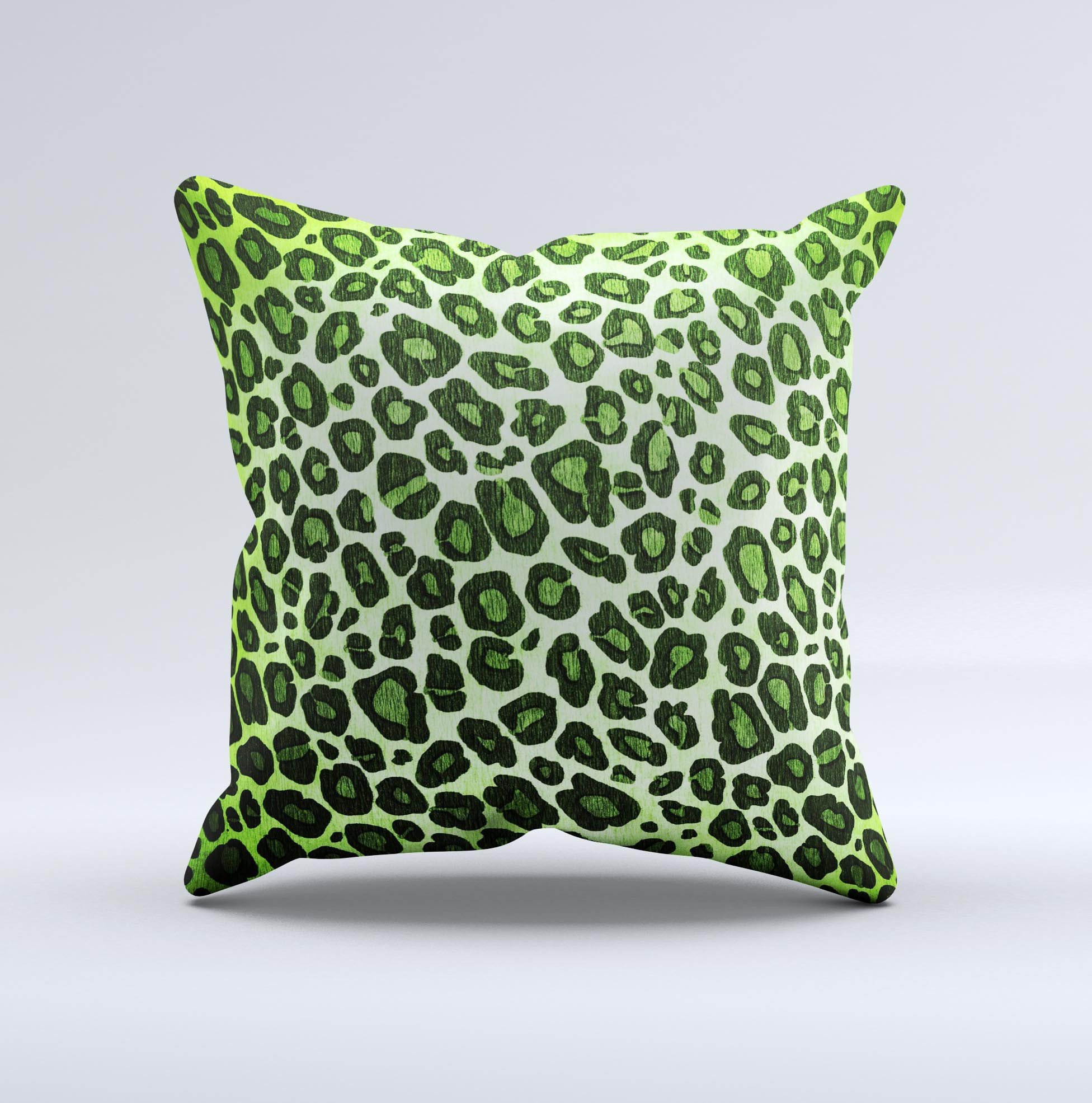 Vibrant Green Leopard Print ink-Fuzed Decorative Throw Pillow showcasing a unique design with high-quality fabric and plush filling.