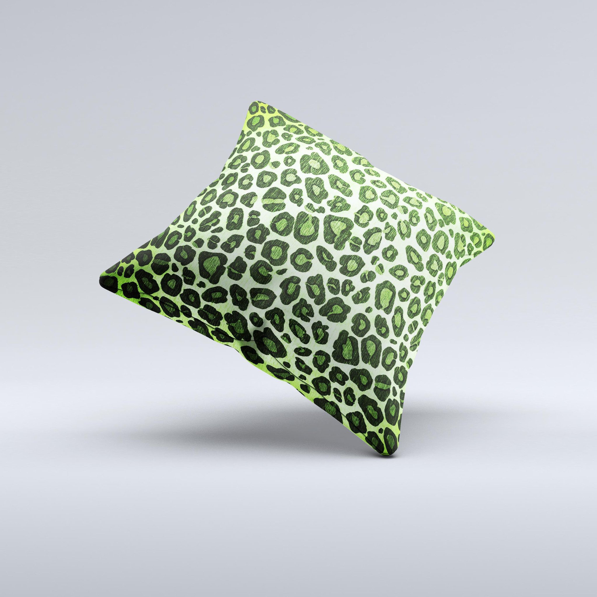 Vibrant Green Leopard Print ink-Fuzed Decorative Throw Pillow showcasing a unique design with high-quality fabric and plush filling.