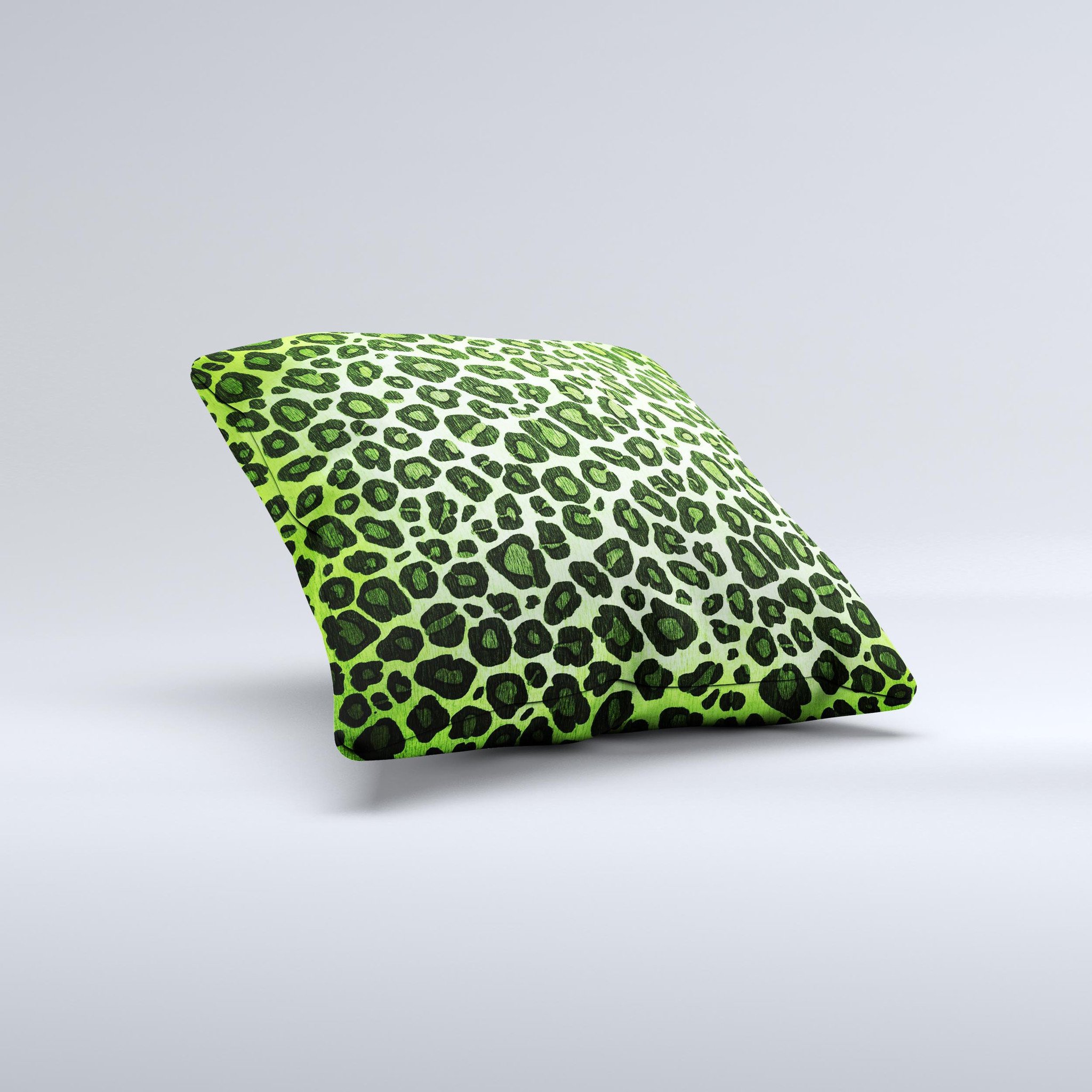 Vibrant Green Leopard Print ink-Fuzed Decorative Throw Pillow showcasing a unique design with high-quality fabric and plush filling.