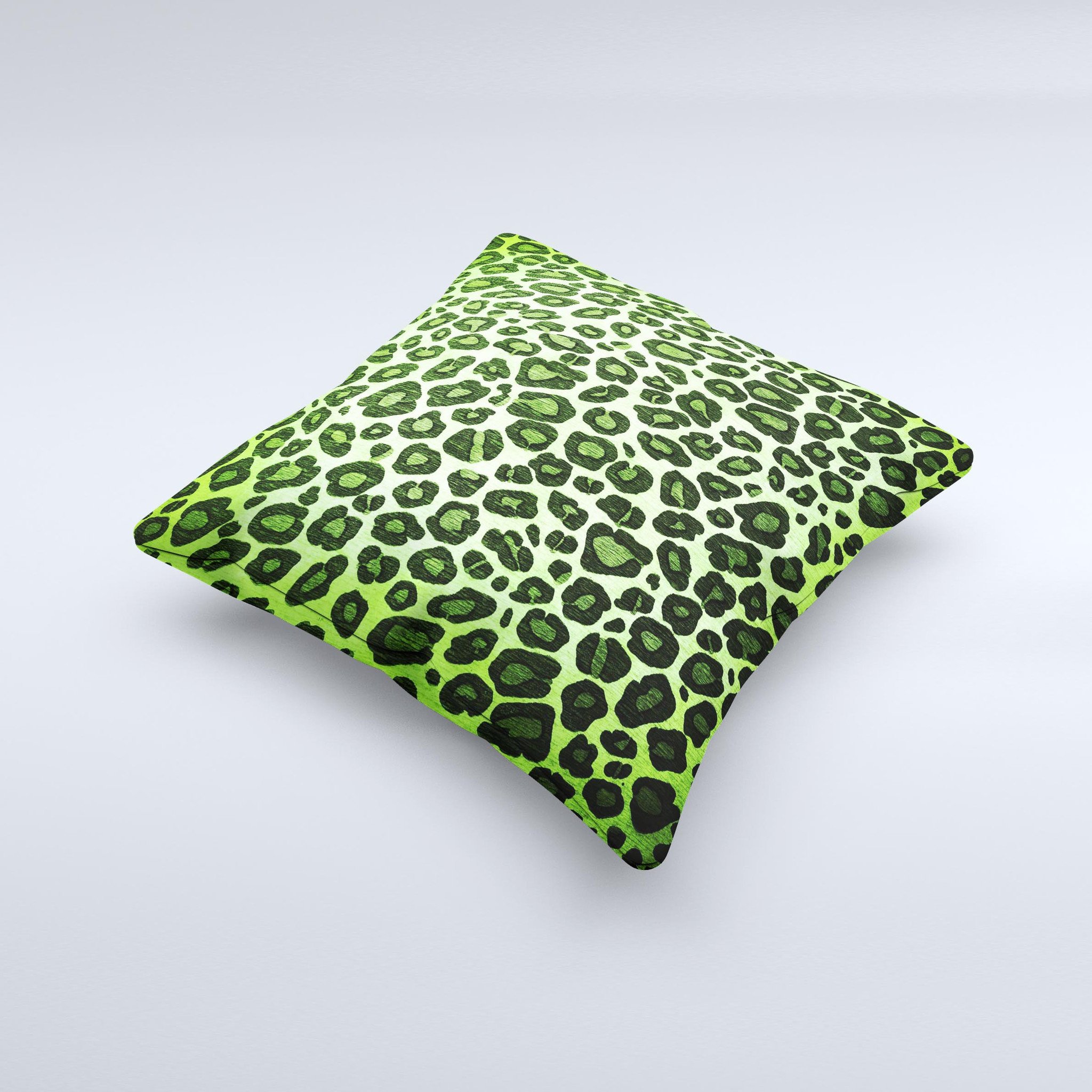 Vibrant Green Leopard Print ink-Fuzed Decorative Throw Pillow showcasing a unique design with high-quality fabric and plush filling.