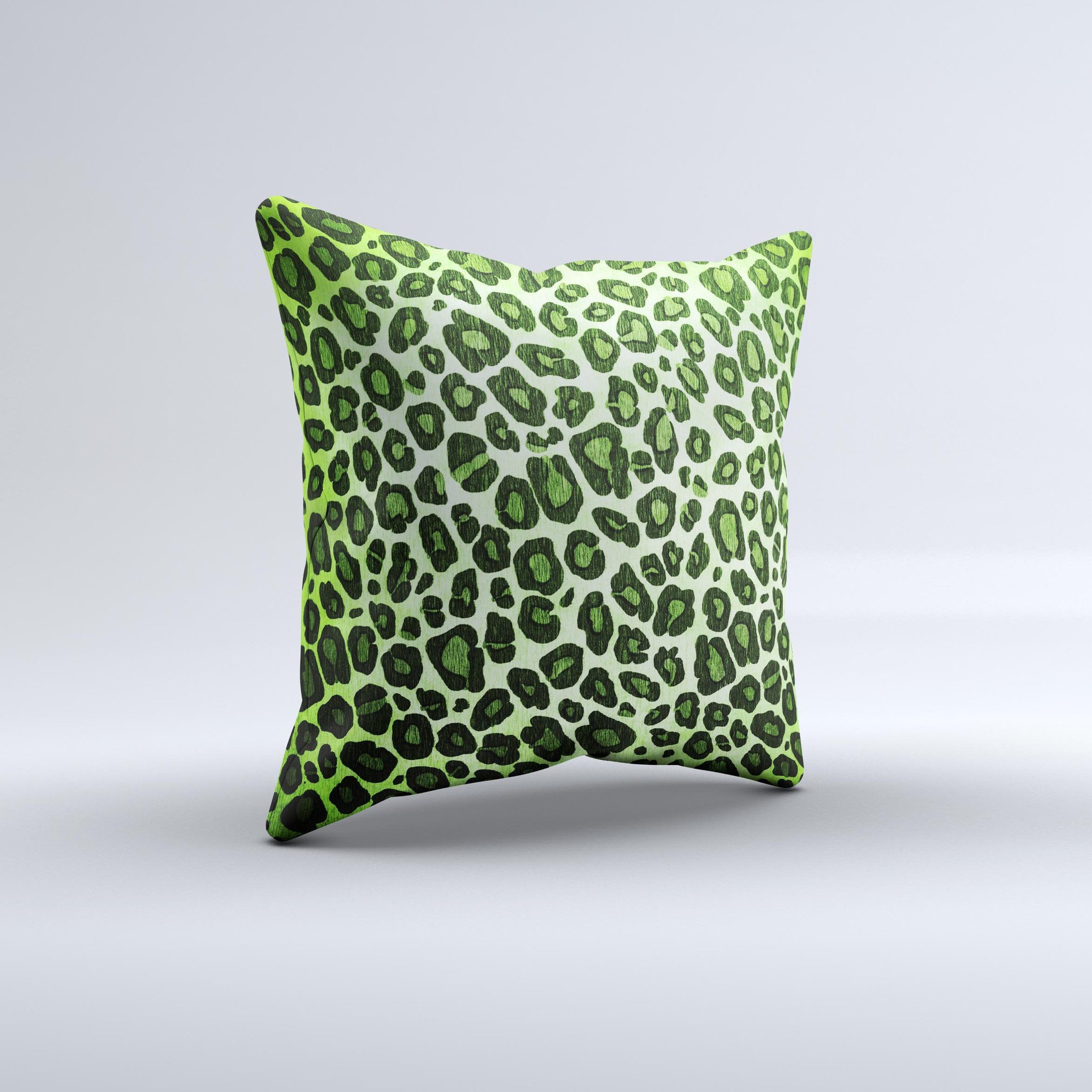 Vibrant Green Leopard Print ink-Fuzed Decorative Throw Pillow showcasing a unique design with high-quality fabric and plush filling.