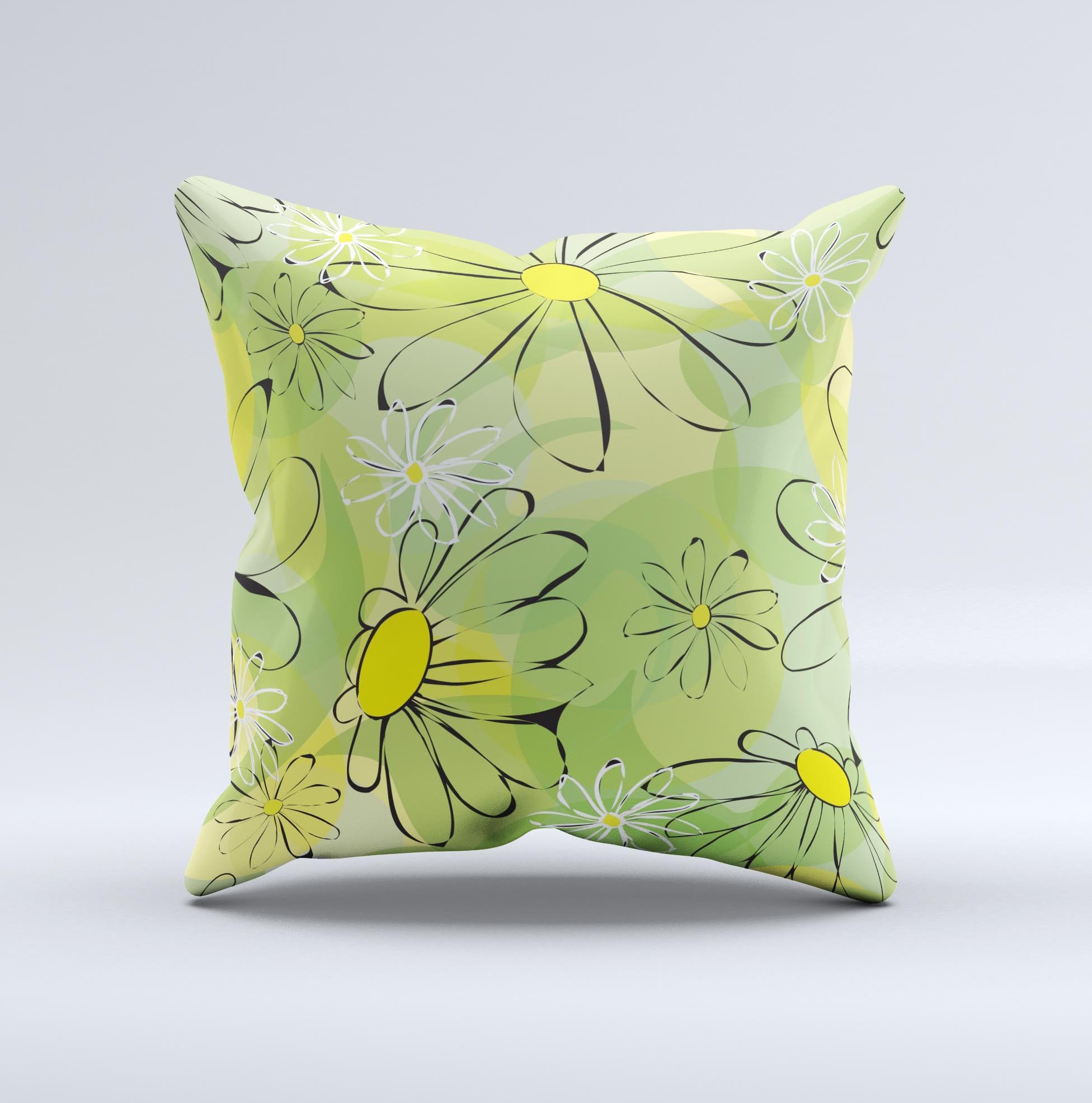 Vibrant green outlined floral decorative throw pillow with intricate design, handcrafted in Virginia, showcasing unique imperfections.