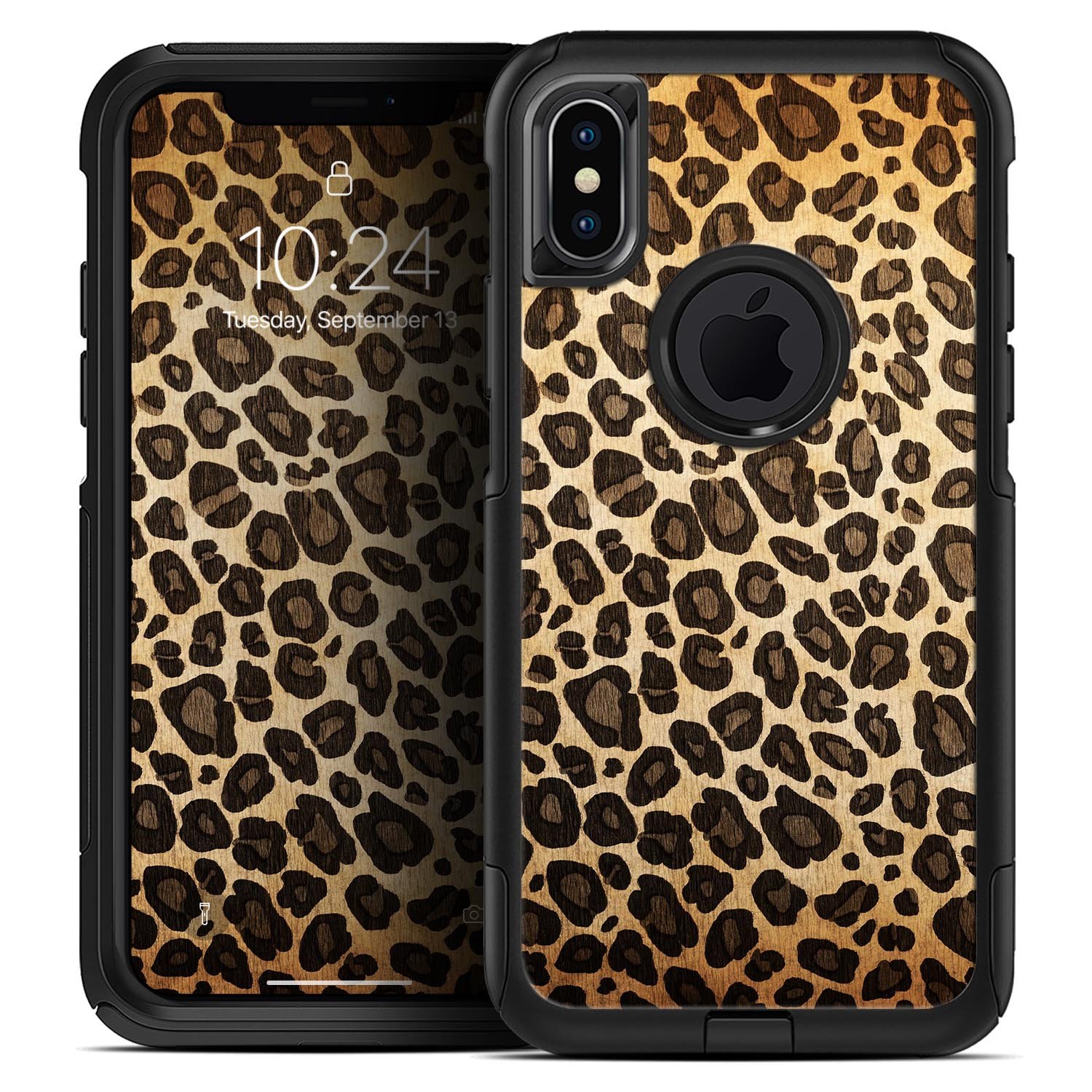 Vibrant Leopard Print V23 Skin Kit for iPhone OtterBox Cases showcasing a stylish leopard pattern on a sleek surface.