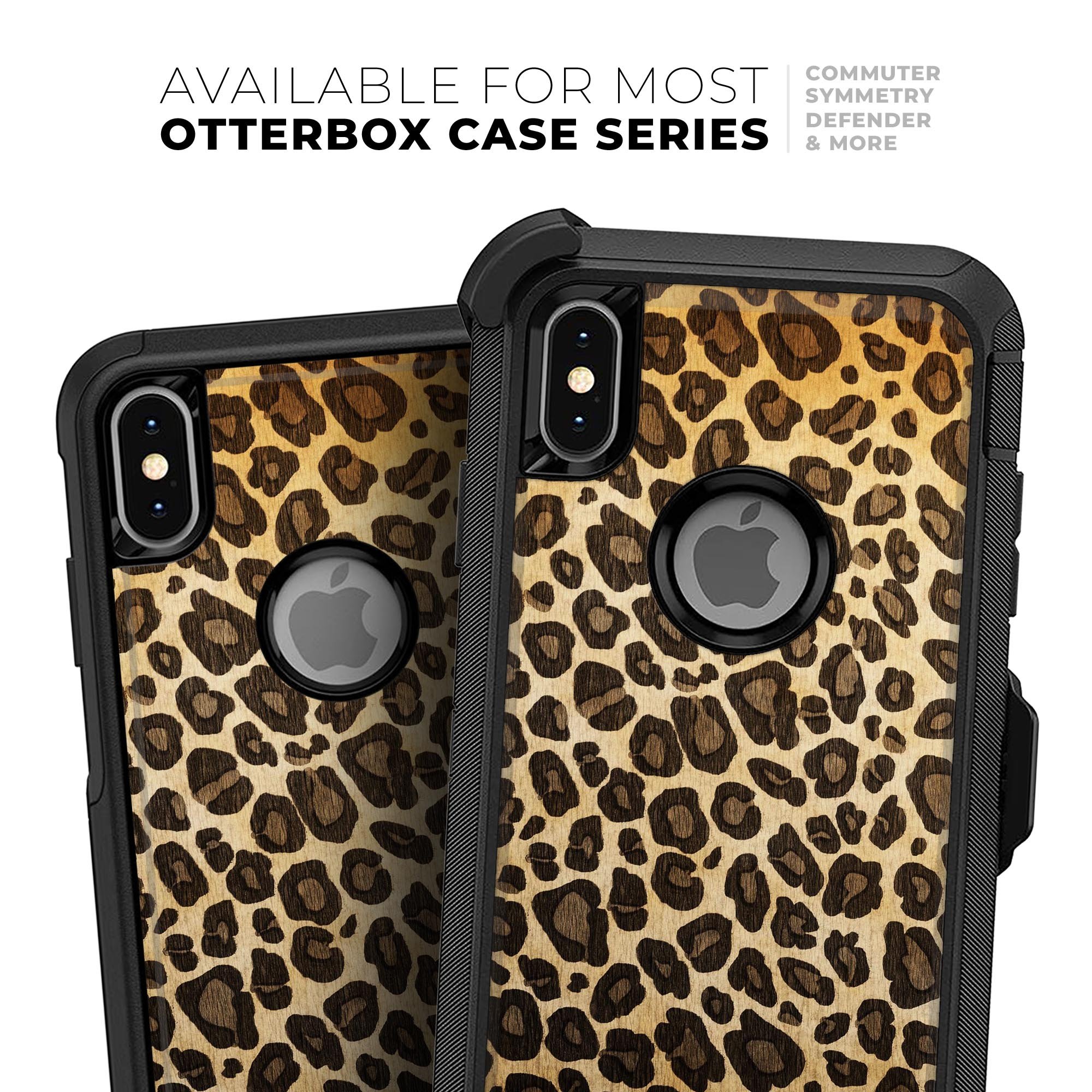 Vibrant Leopard Print V23 Skin Kit for iPhone OtterBox Cases showcasing a stylish leopard pattern on a sleek surface.