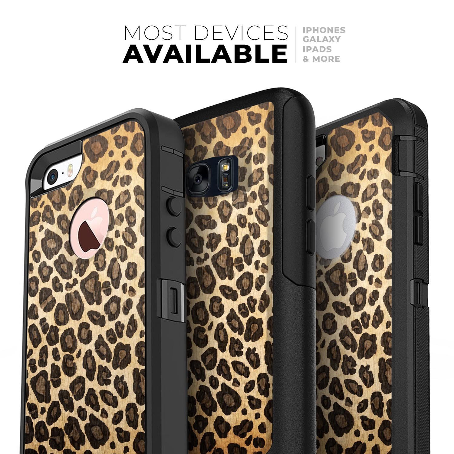 Vibrant Leopard Print V23 Skin Kit for iPhone OtterBox Cases showcasing a stylish leopard pattern on a sleek surface.