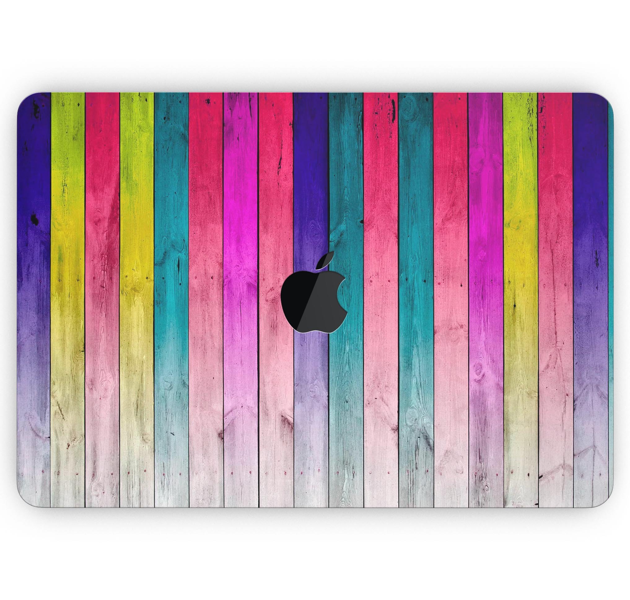 Vibrant neon colored wood strips skin decal wrap kit for MacBook, showcasing a stylish design and premium quality finish.