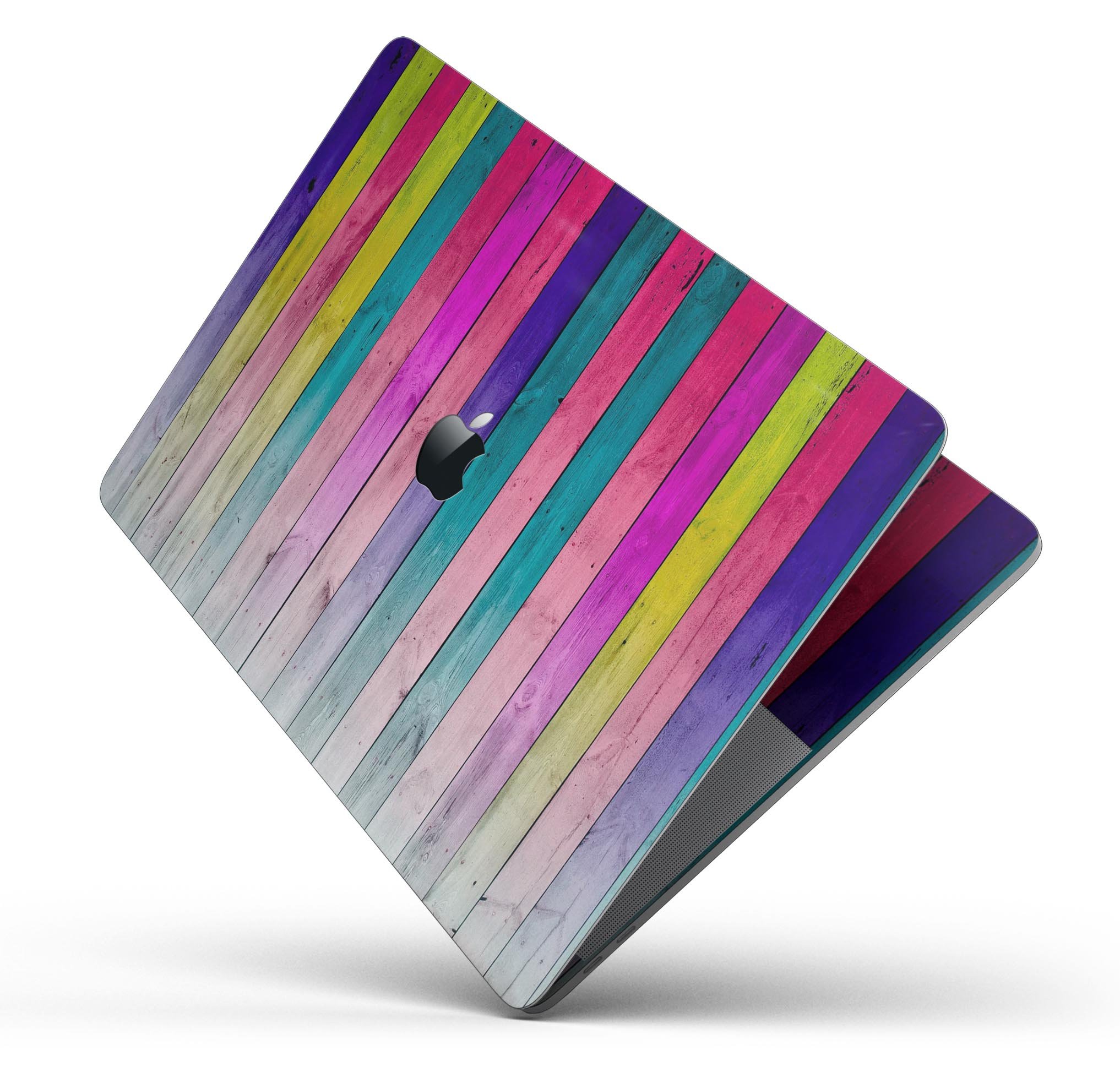 Vibrant neon colored wood strips skin decal wrap kit for MacBook, showcasing a stylish design and premium quality finish.