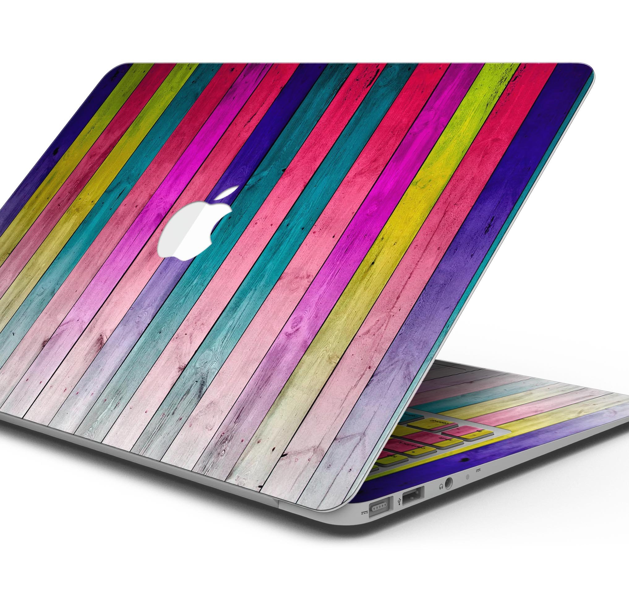 Vibrant neon colored wood strips skin decal wrap kit for MacBook, showcasing a stylish design and premium quality finish.