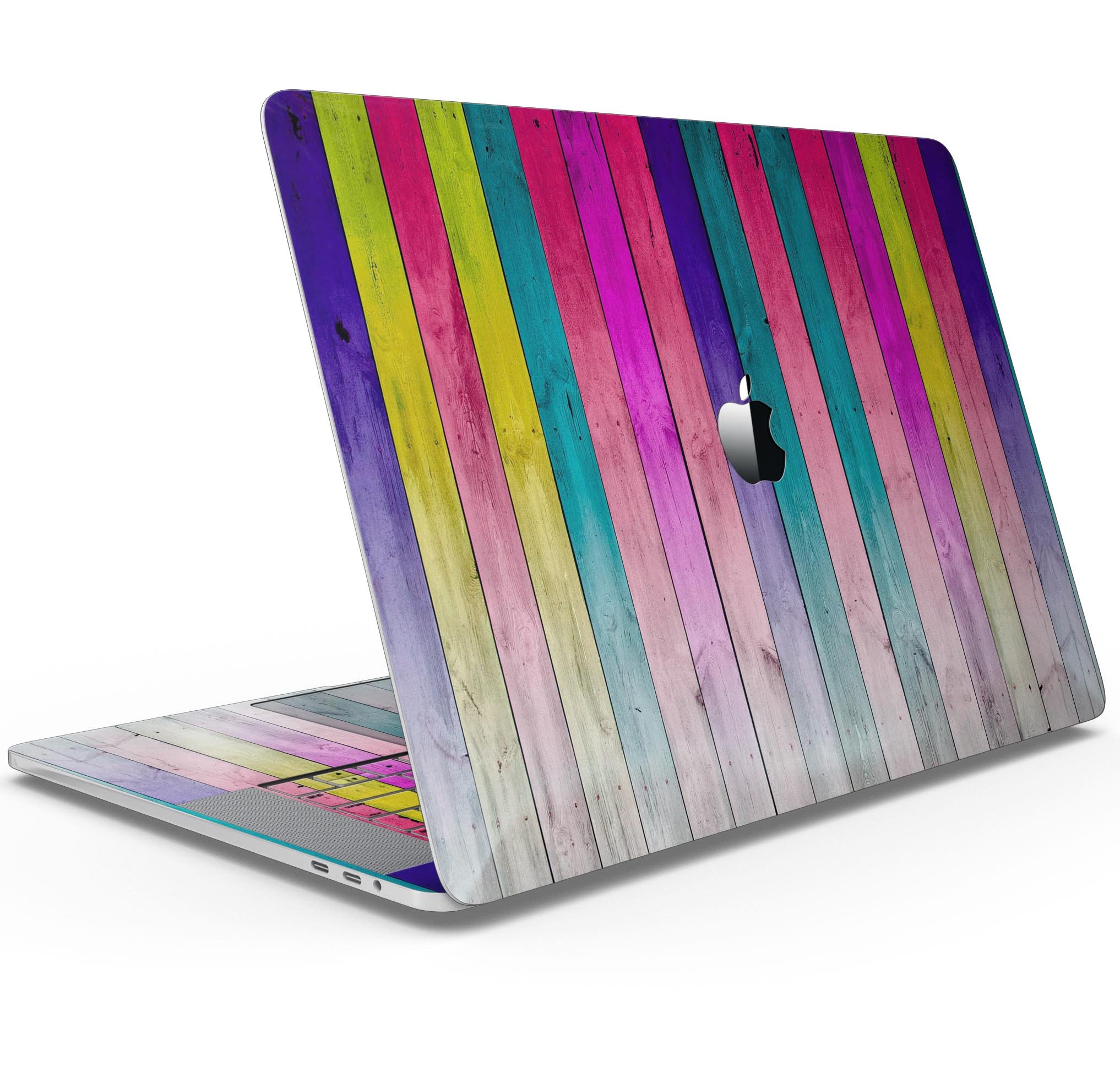 Vibrant neon colored wood strips skin decal wrap kit for MacBook, showcasing a stylish design and premium quality finish.