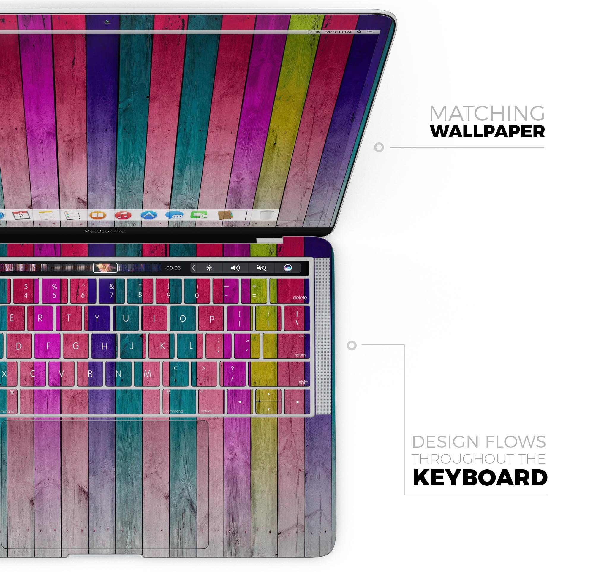 Vibrant neon colored wood strips skin decal wrap kit for MacBook, showcasing a stylish design and premium quality finish.