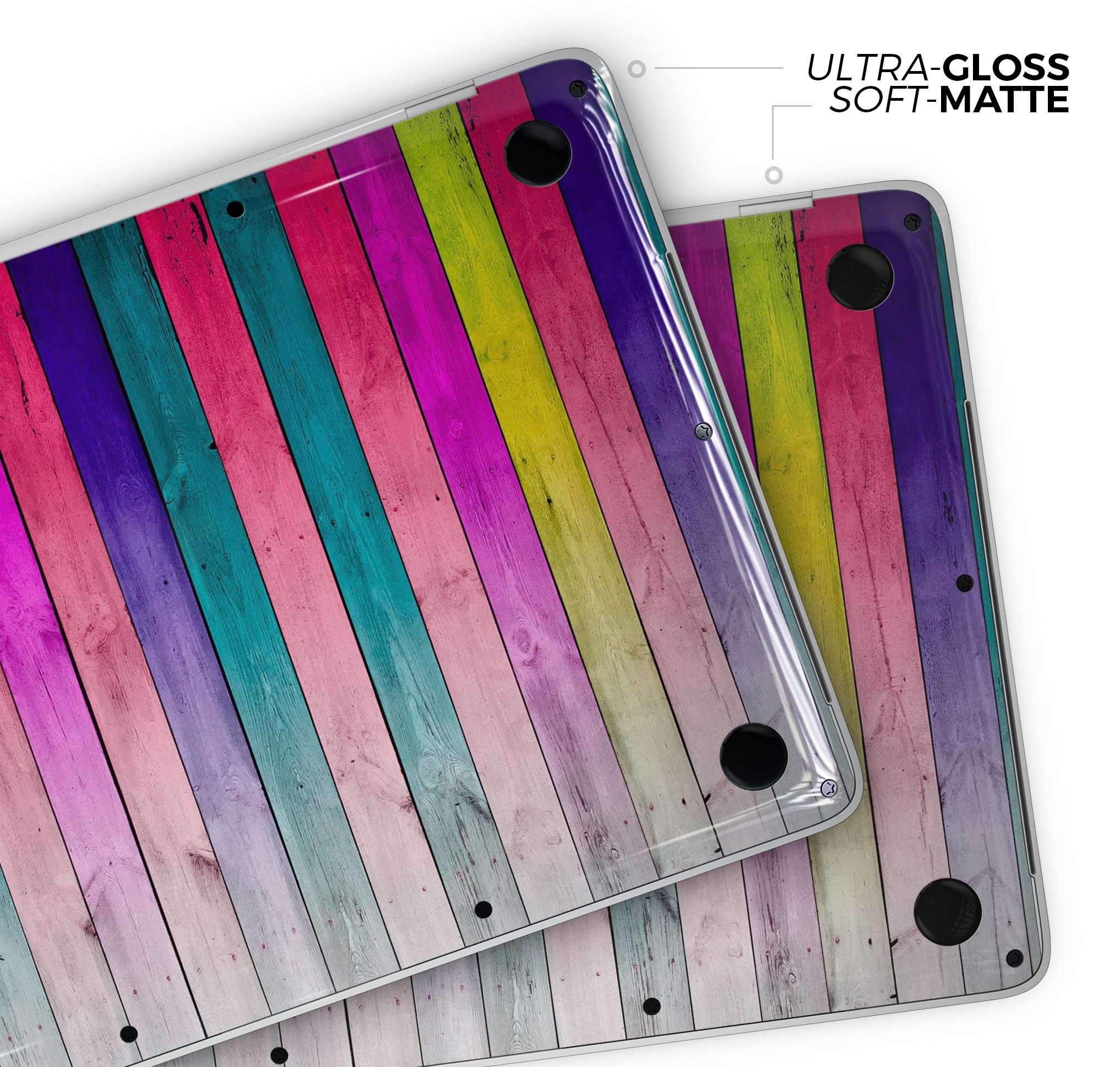 Vibrant neon colored wood strips skin decal wrap kit for MacBook, showcasing a stylish design and premium quality finish.