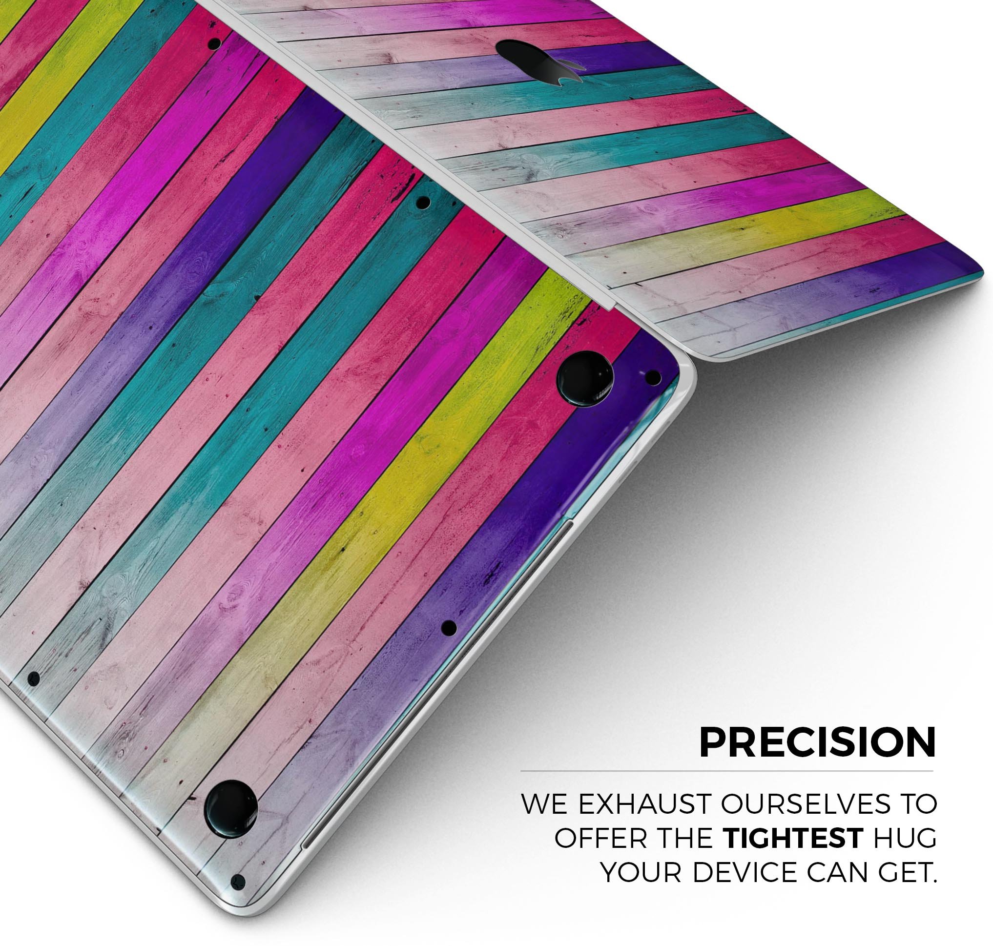 Vibrant neon colored wood strips skin decal wrap kit for MacBook, showcasing a stylish design and premium quality finish.