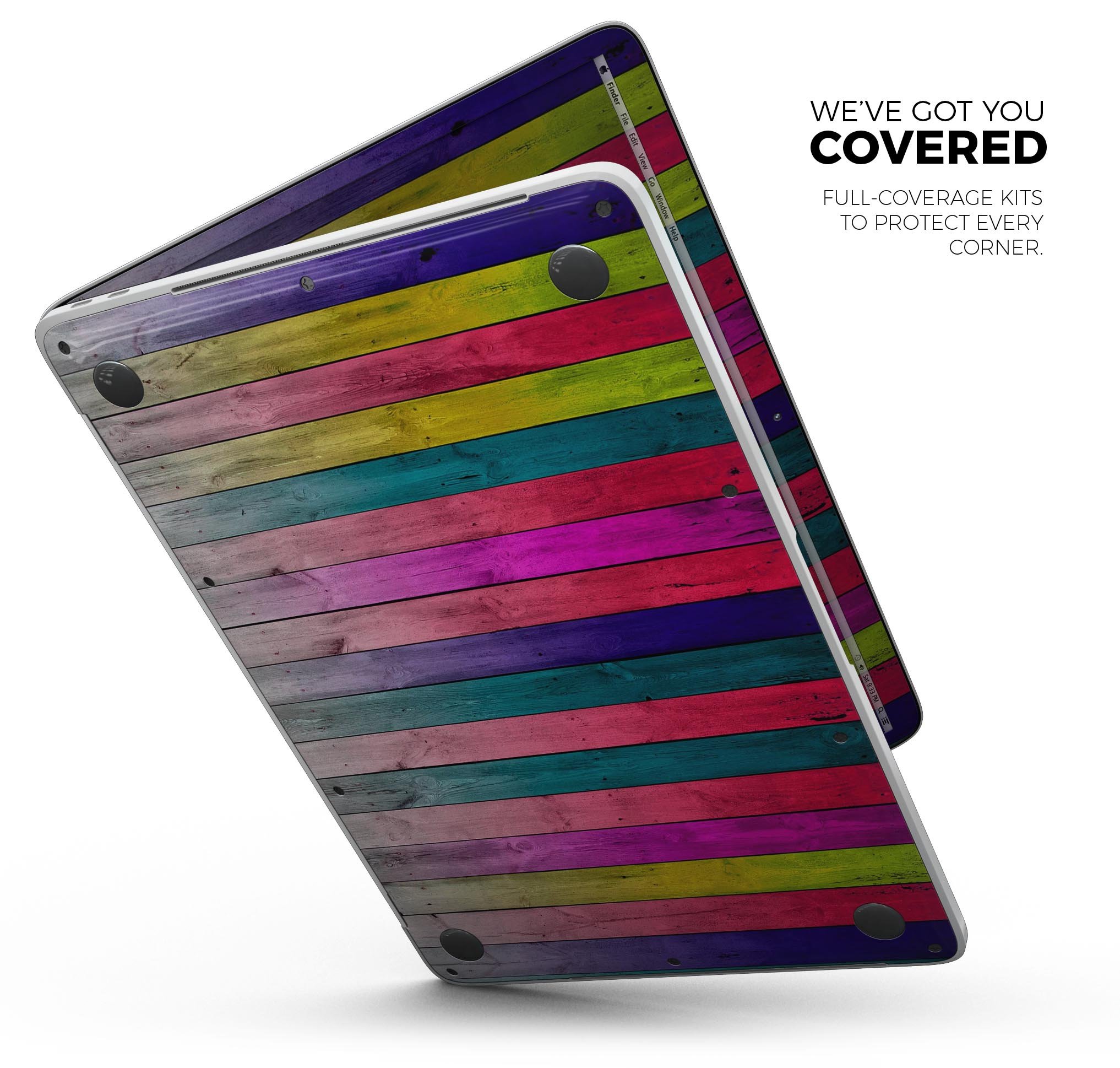 Vibrant neon colored wood strips skin decal wrap kit for MacBook, showcasing a stylish design and premium quality finish.