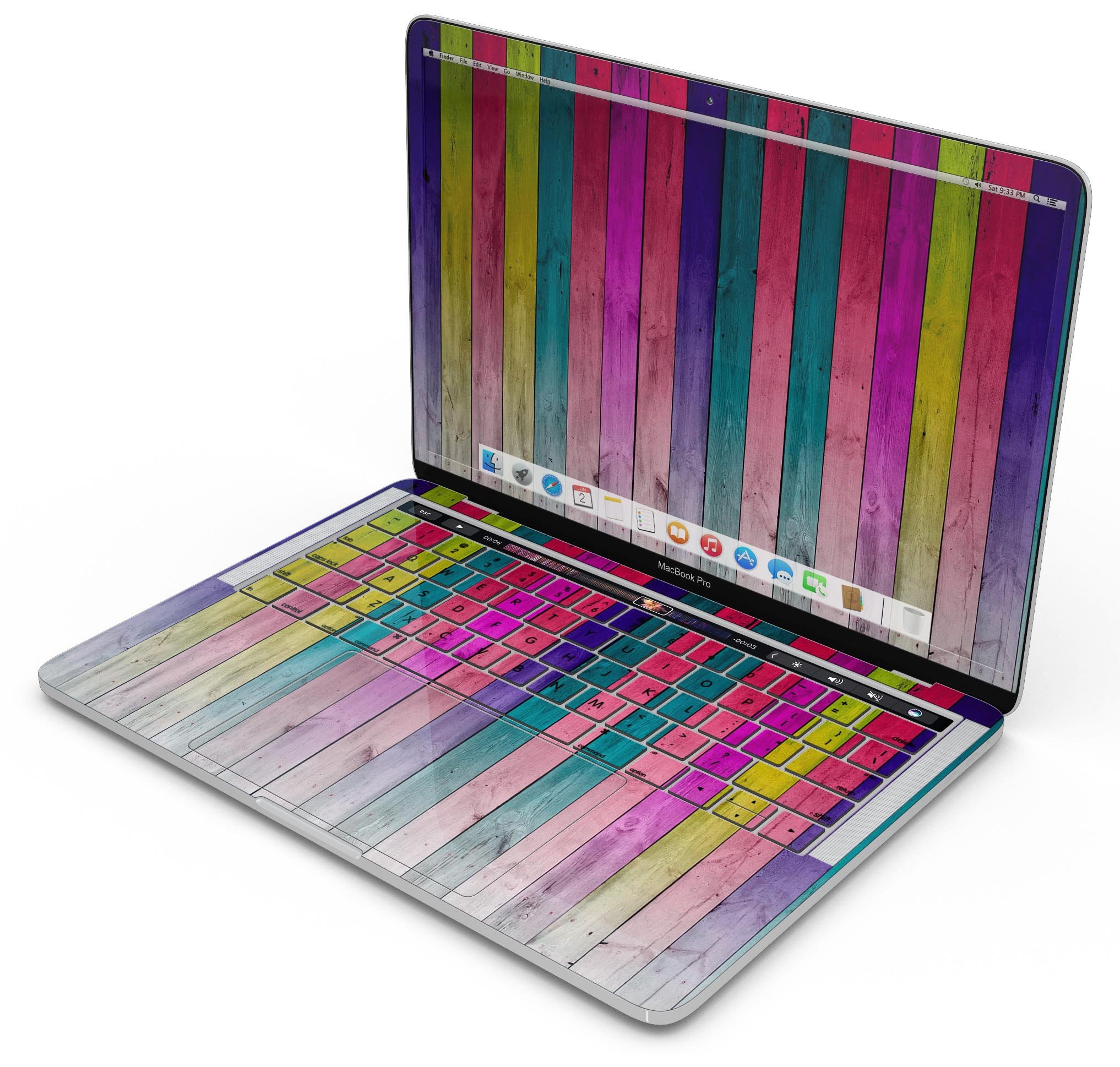 Vibrant neon colored wood strips skin decal wrap kit for MacBook, showcasing a stylish design and premium quality finish.