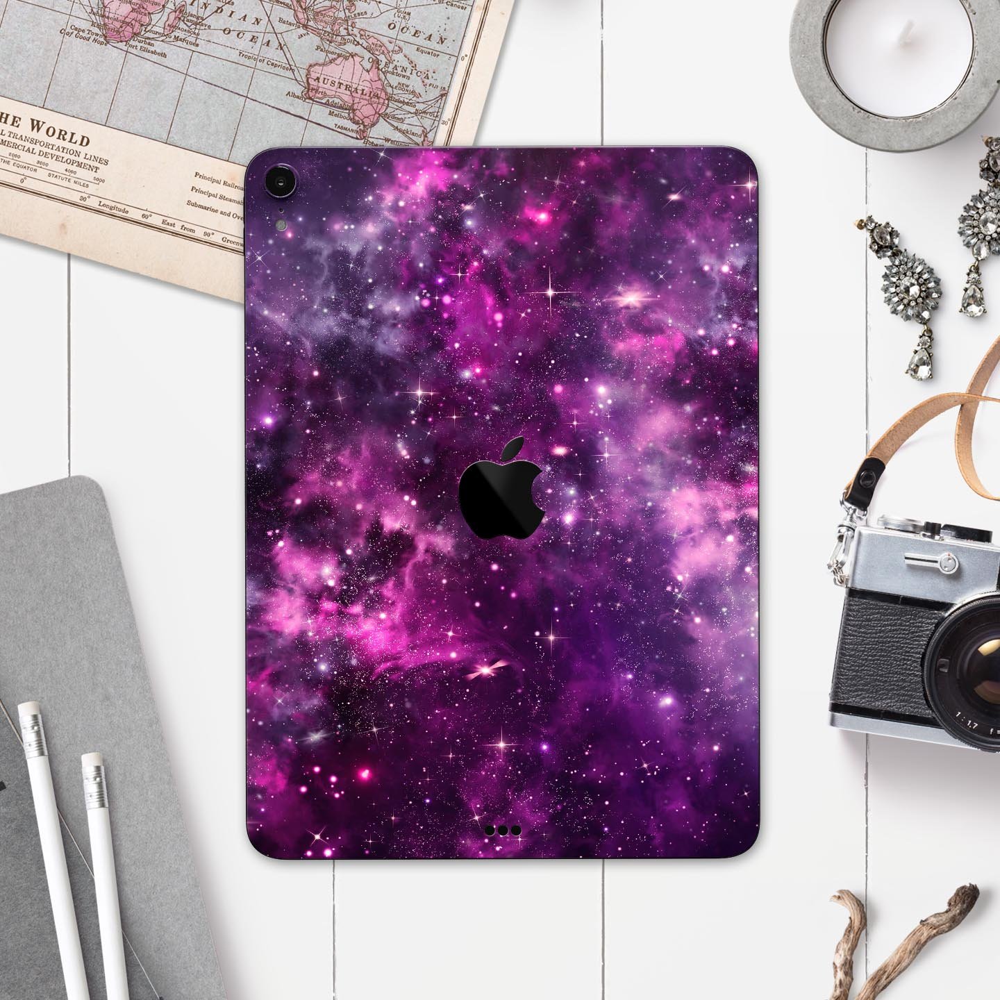 Vibrant Purple Deep Space skin decal for Apple iPad, showcasing a cosmic design with deep purple hues and a glossy finish.