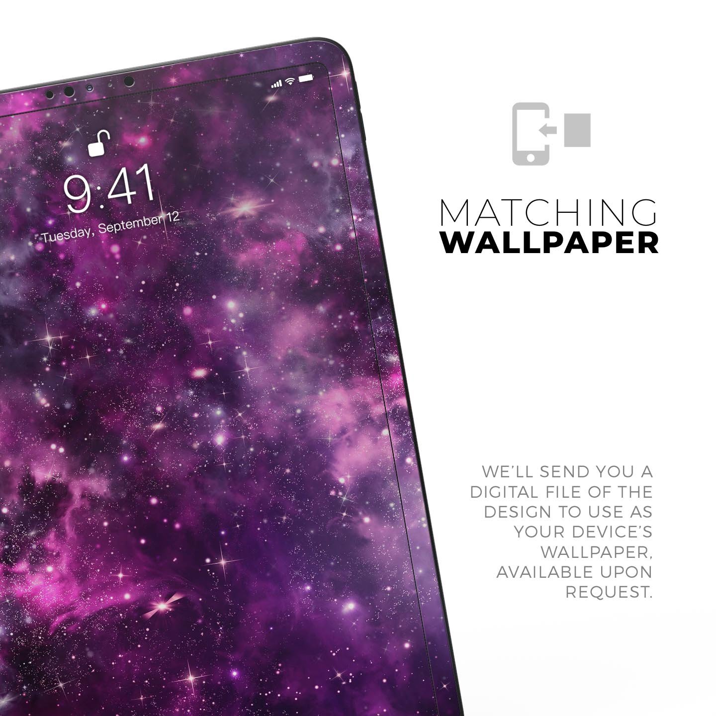 Vibrant Purple Deep Space skin decal for Apple iPad, showcasing a cosmic design with deep purple hues and a glossy finish.