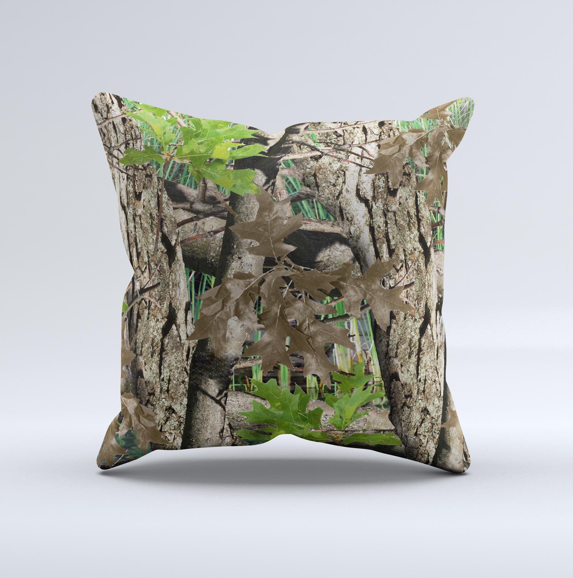 Vibrant Real Woods Camouflage Ink-Fuzed Decorative Throw Pillow showcasing unique camouflage design and high-quality craftsmanship.