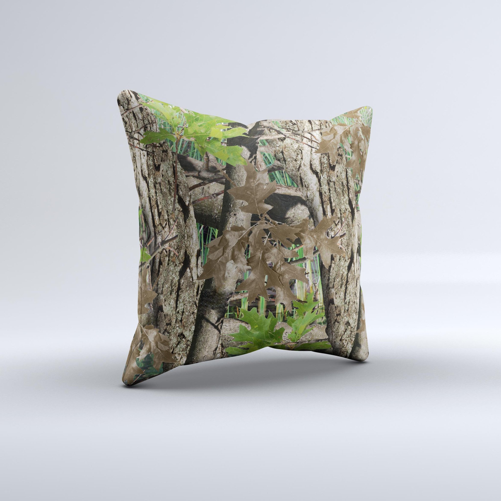 Vibrant Real Woods Camouflage Ink-Fuzed Decorative Throw Pillow showcasing unique camouflage design and high-quality craftsmanship.