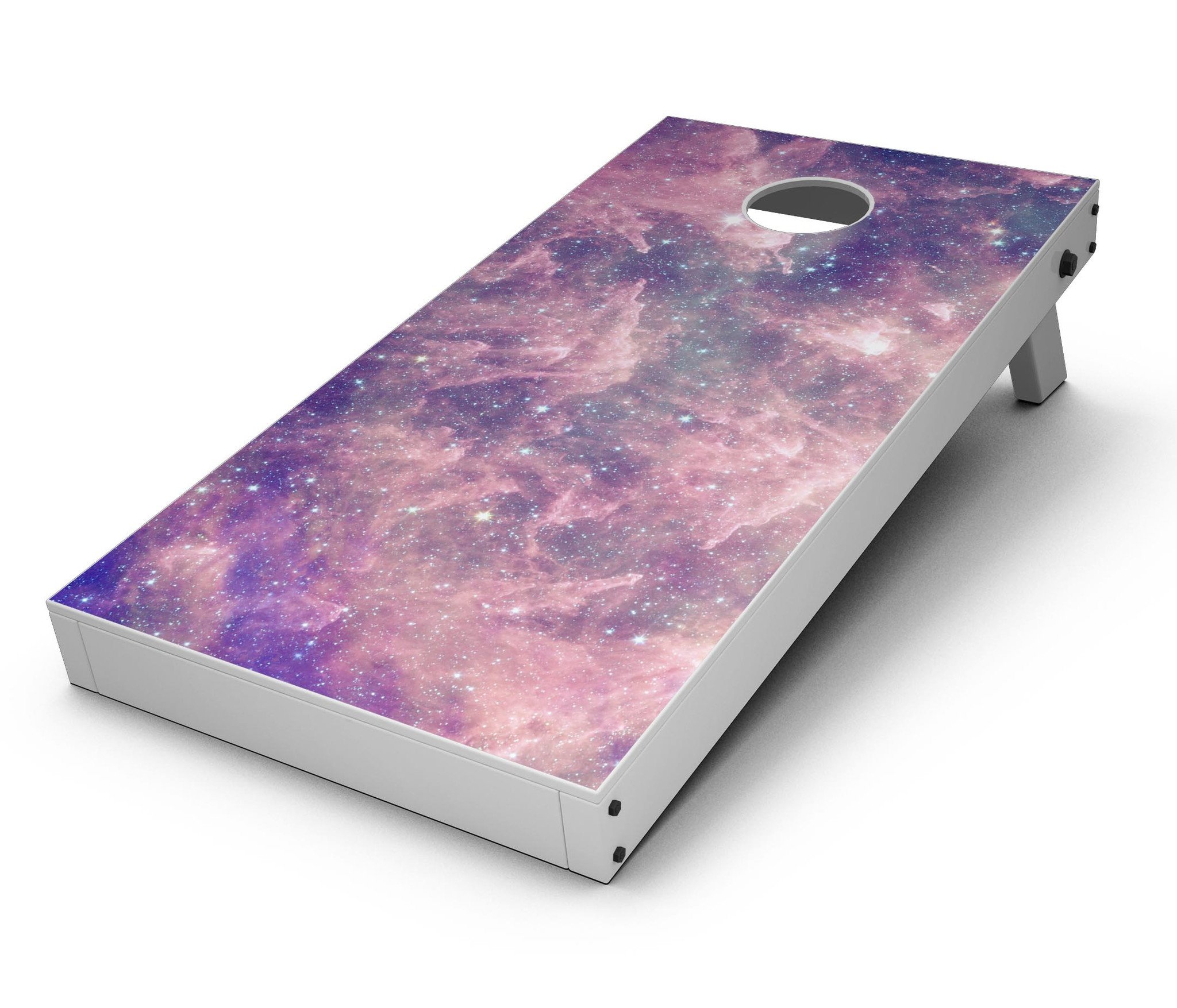 Vibrant sparkly pink nebula Cornhole board skin decal kit displayed on a wooden surface, showcasing its colorful design.