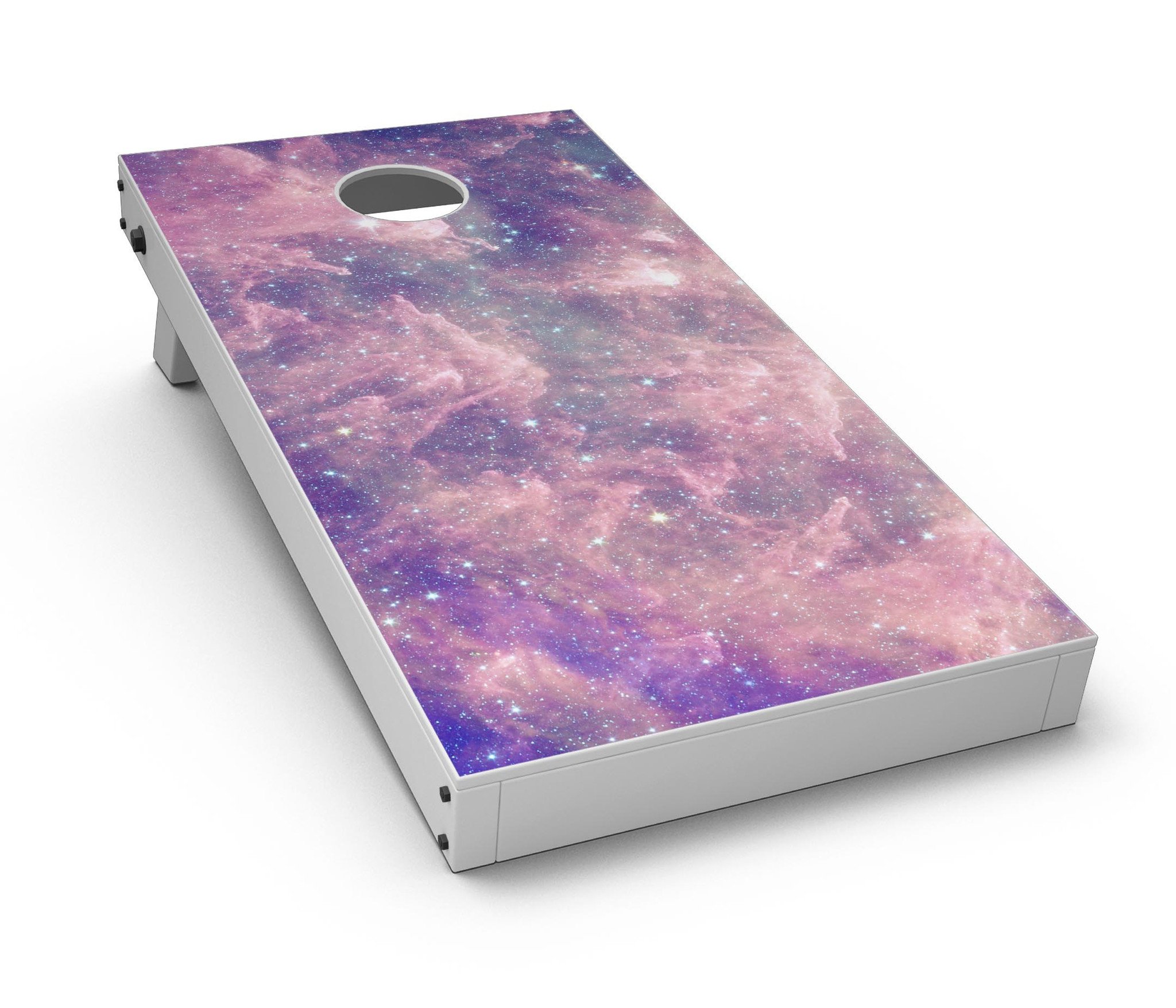 Vibrant sparkly pink nebula Cornhole board skin decal kit displayed on a wooden surface, showcasing its colorful design.