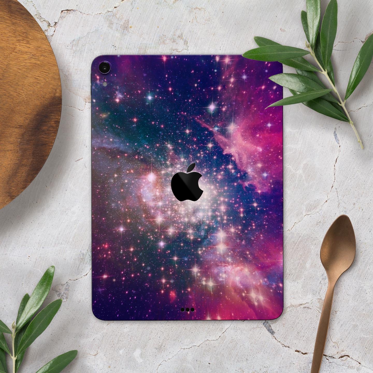 Vibrant Sparkly Pink Space skin decal for Apple iPad, showcasing a colorful and glossy design with a protective layer.