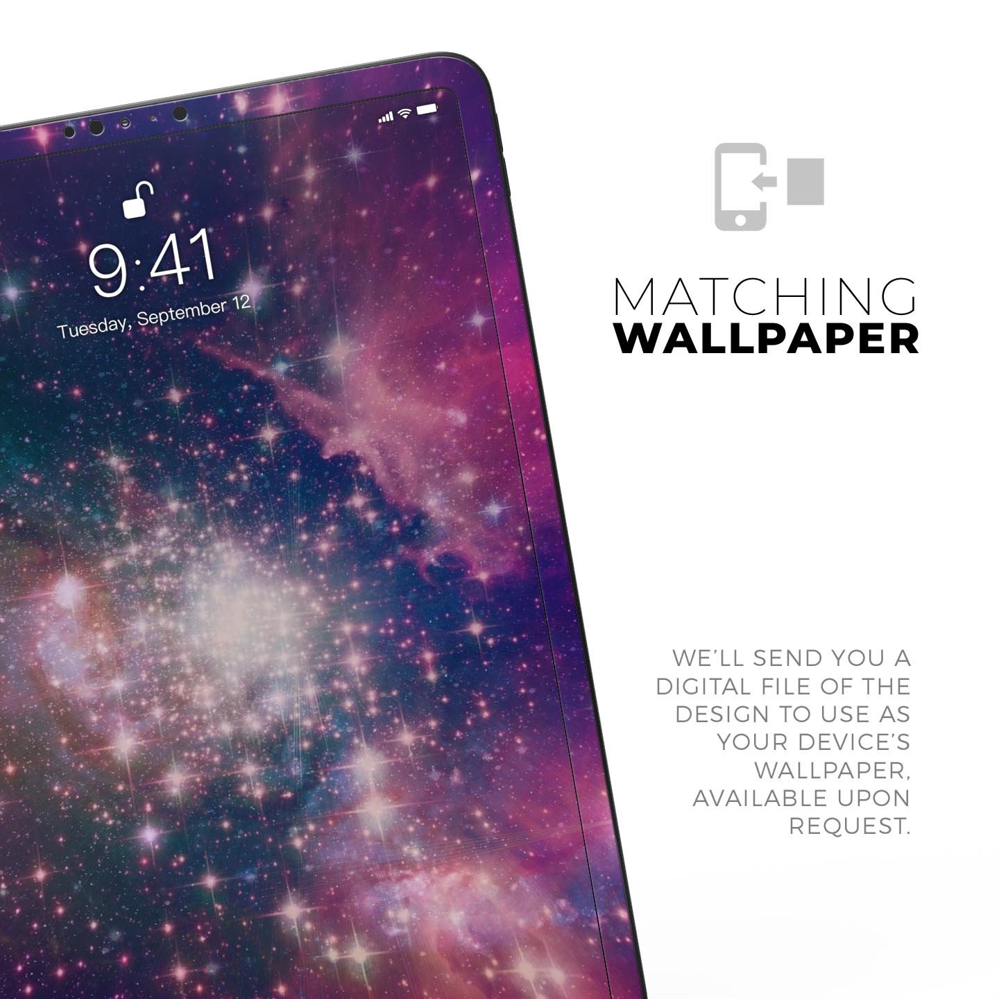 Vibrant Sparkly Pink Space skin decal for Apple iPad, showcasing a colorful and glossy design with a protective layer.