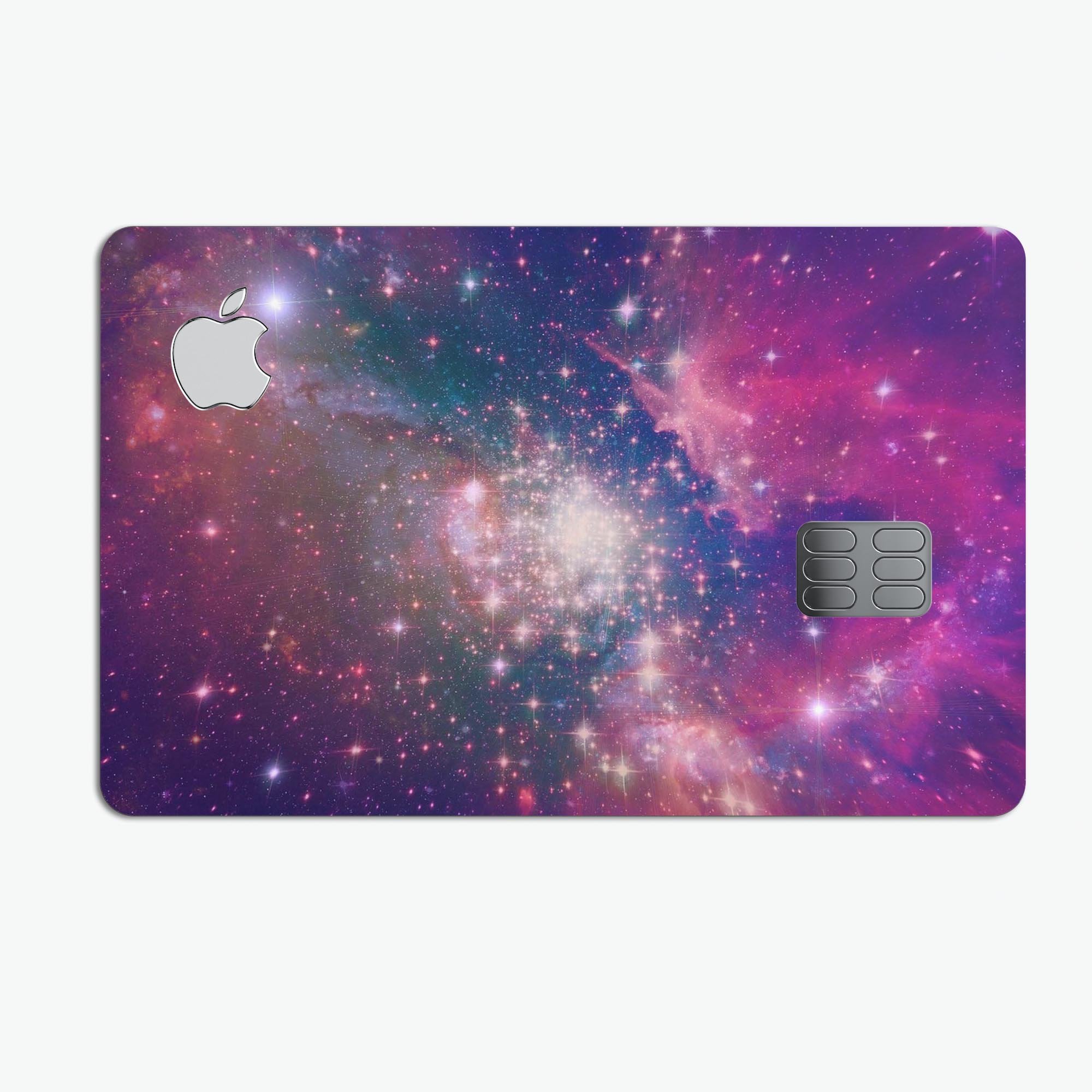 Vibrant sparkly pink decal skin-kit for Apple Card, showcasing its glossy finish and protective features.