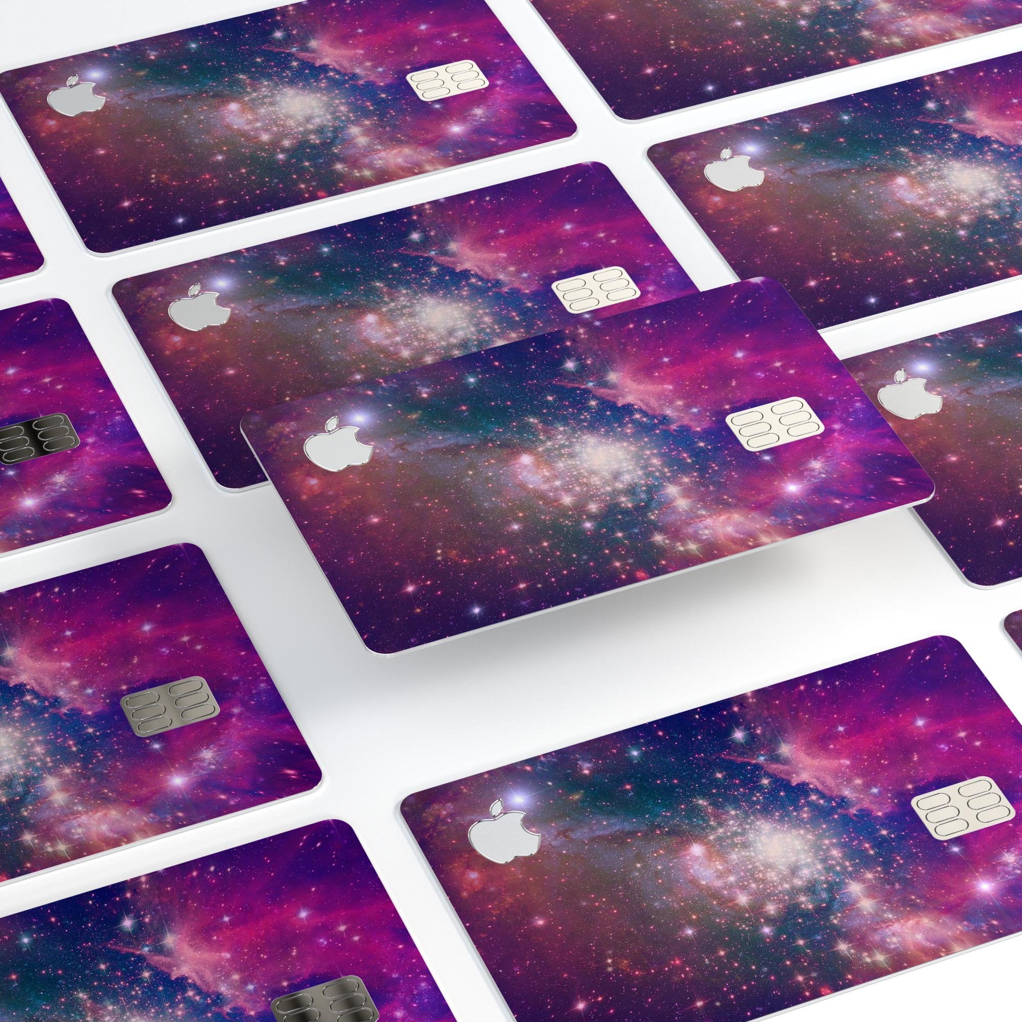 Vibrant sparkly pink decal skin-kit for Apple Card, showcasing its glossy finish and protective features.