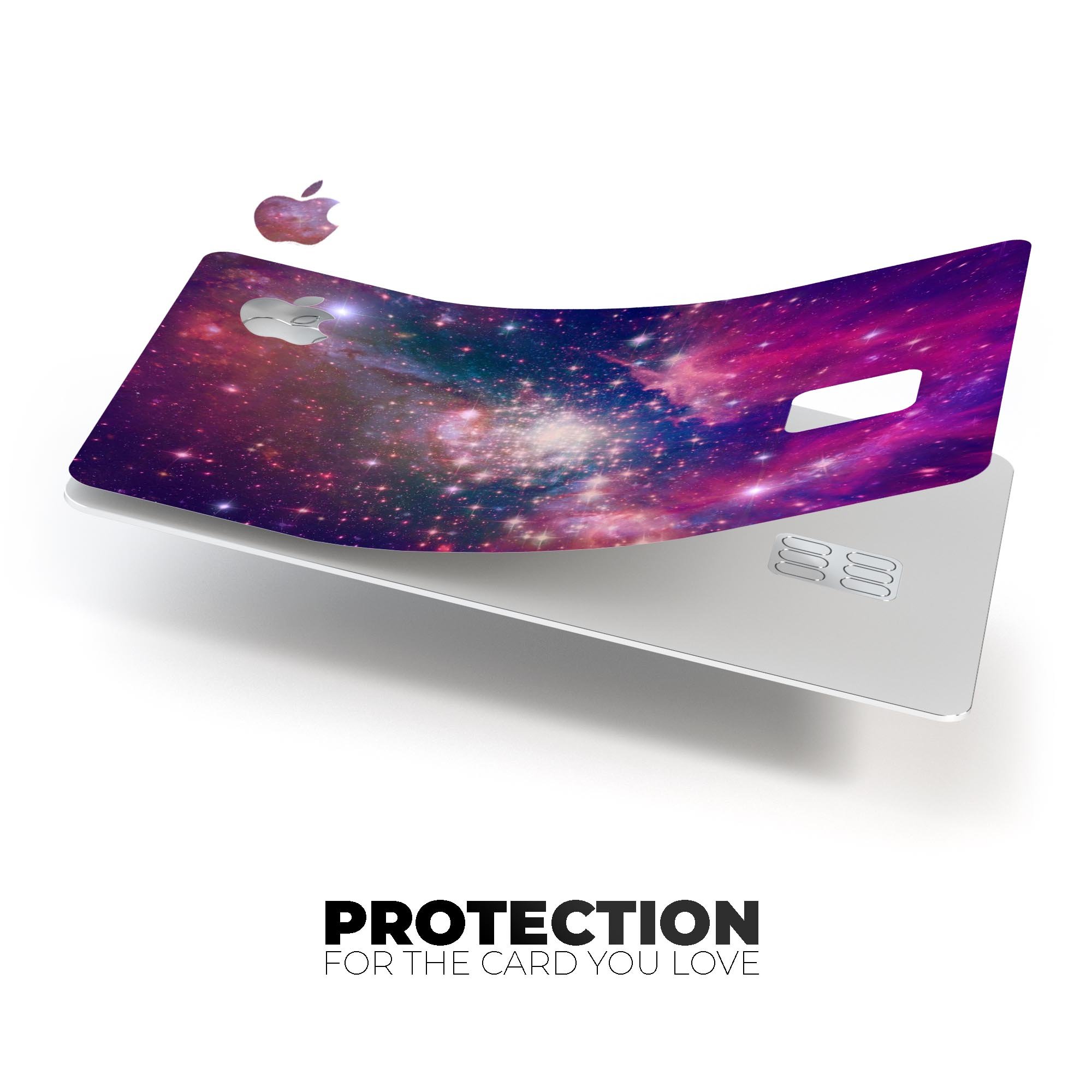 Vibrant sparkly pink decal skin-kit for Apple Card, showcasing its glossy finish and protective features.