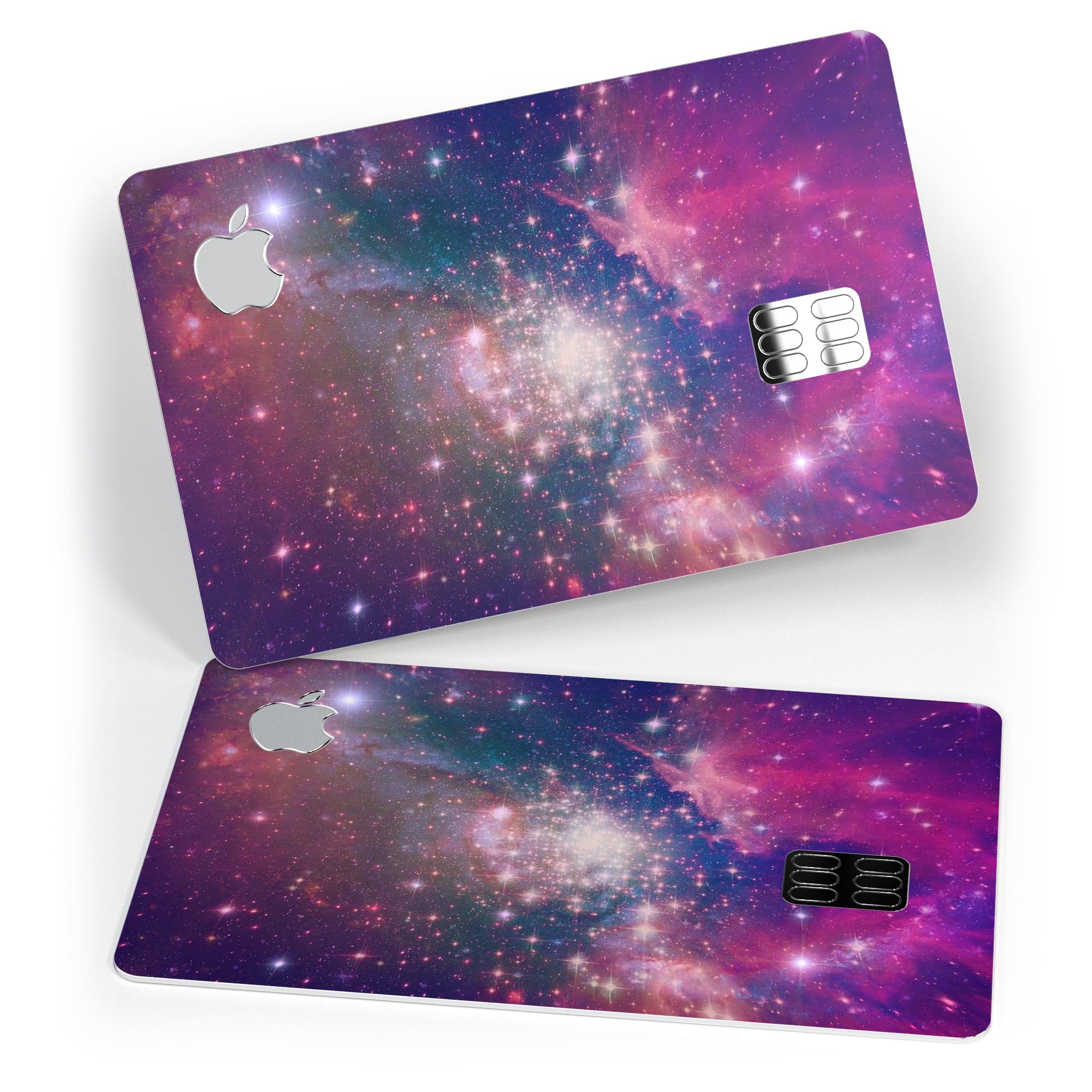 Vibrant sparkly pink decal skin-kit for Apple Card, showcasing its glossy finish and protective features.