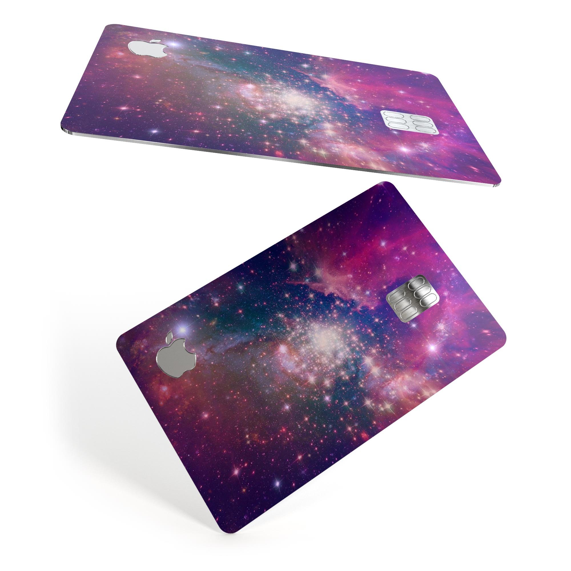 Vibrant sparkly pink decal skin-kit for Apple Card, showcasing its glossy finish and protective features.