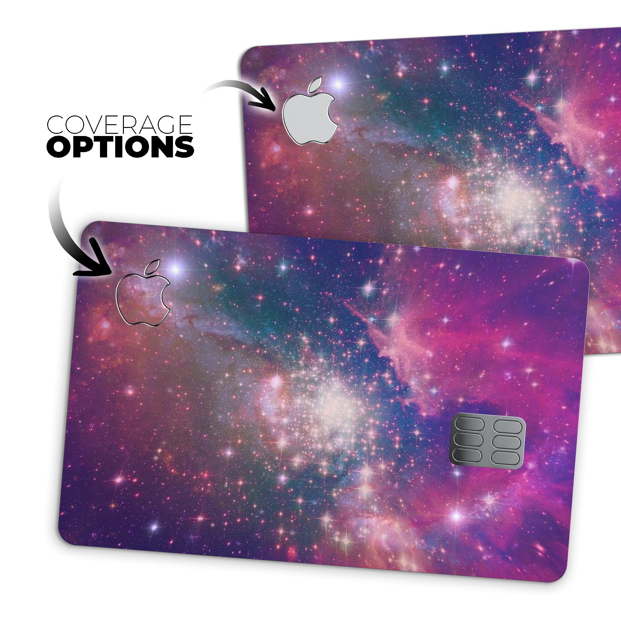 Vibrant sparkly pink decal skin-kit for Apple Card, showcasing its glossy finish and protective features.