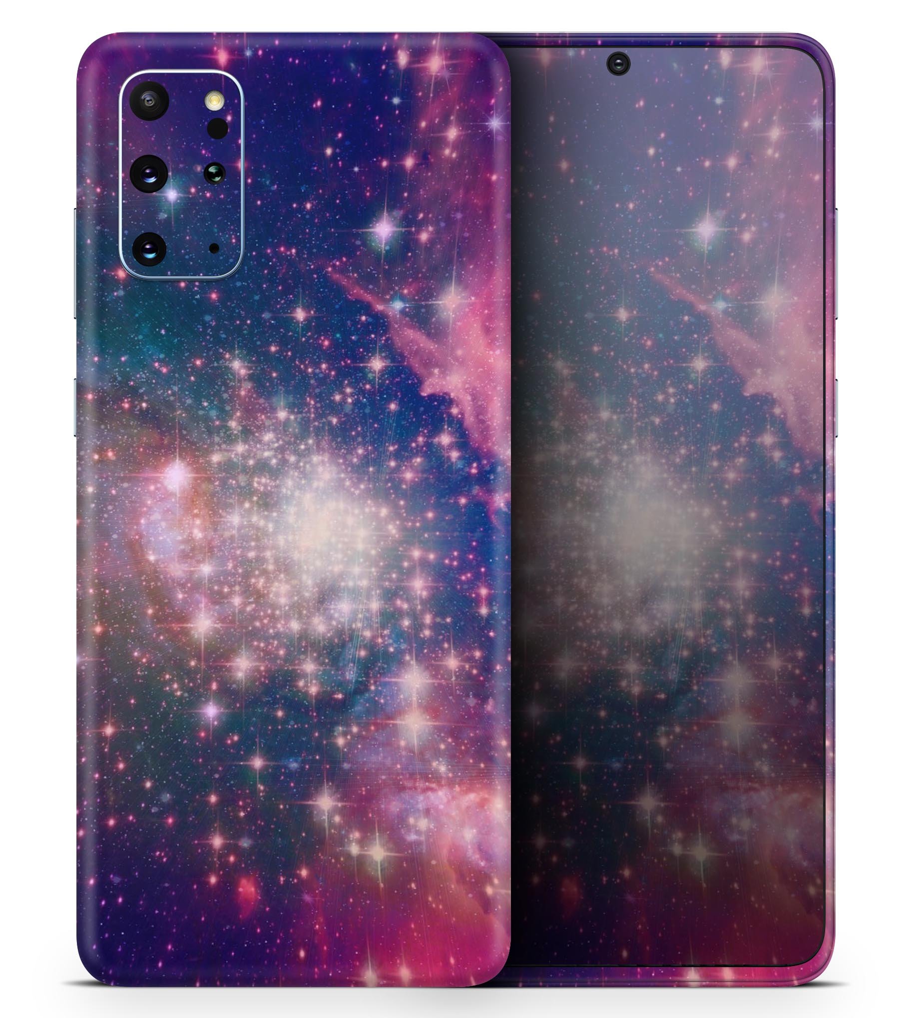 Vibrant sparkly pink skin kit for Samsung Galaxy S-Series, showcasing its glossy finish and precise cutouts for buttons and ports.