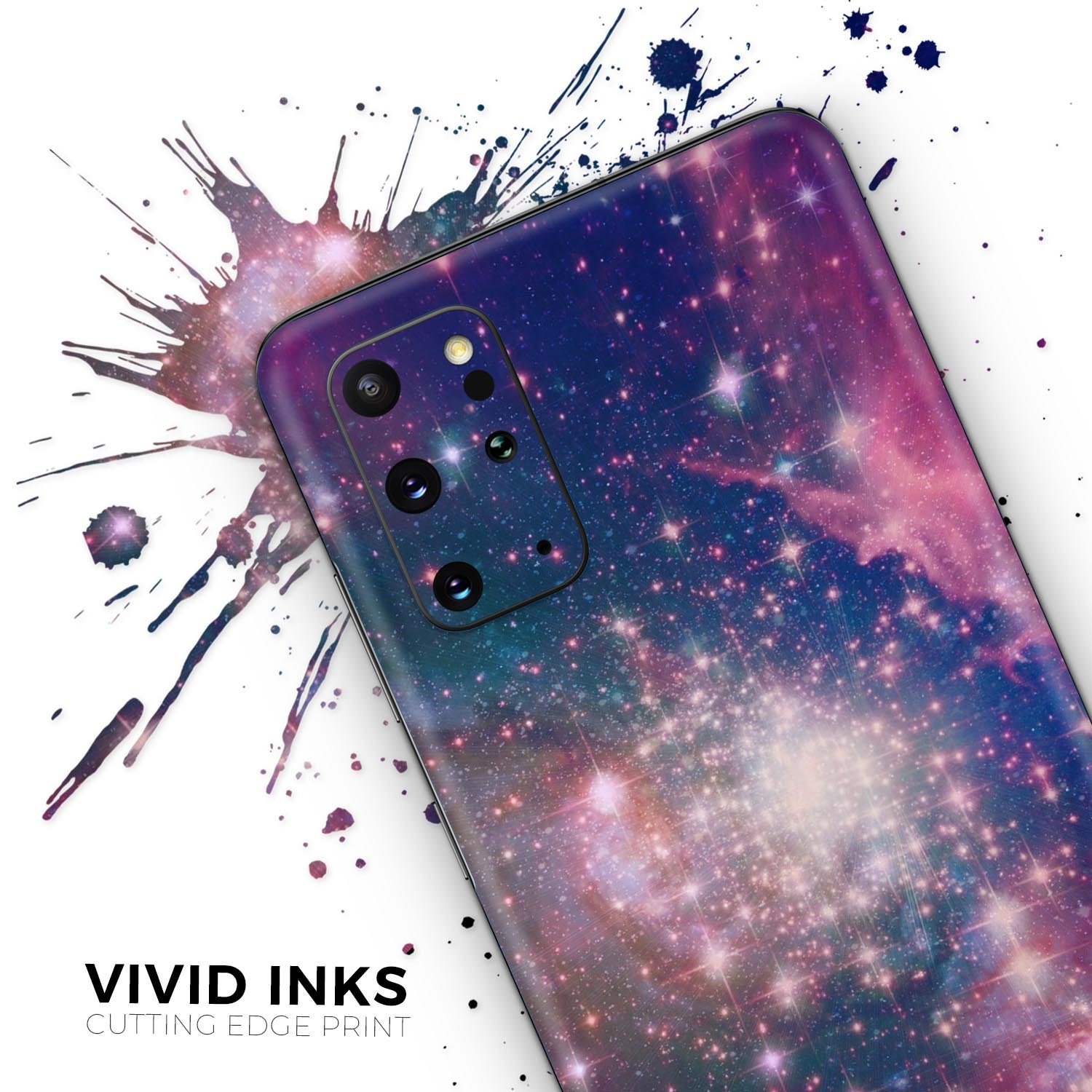 Vibrant sparkly pink skin kit for Samsung Galaxy S-Series, showcasing its glossy finish and precise cutouts for buttons and ports.