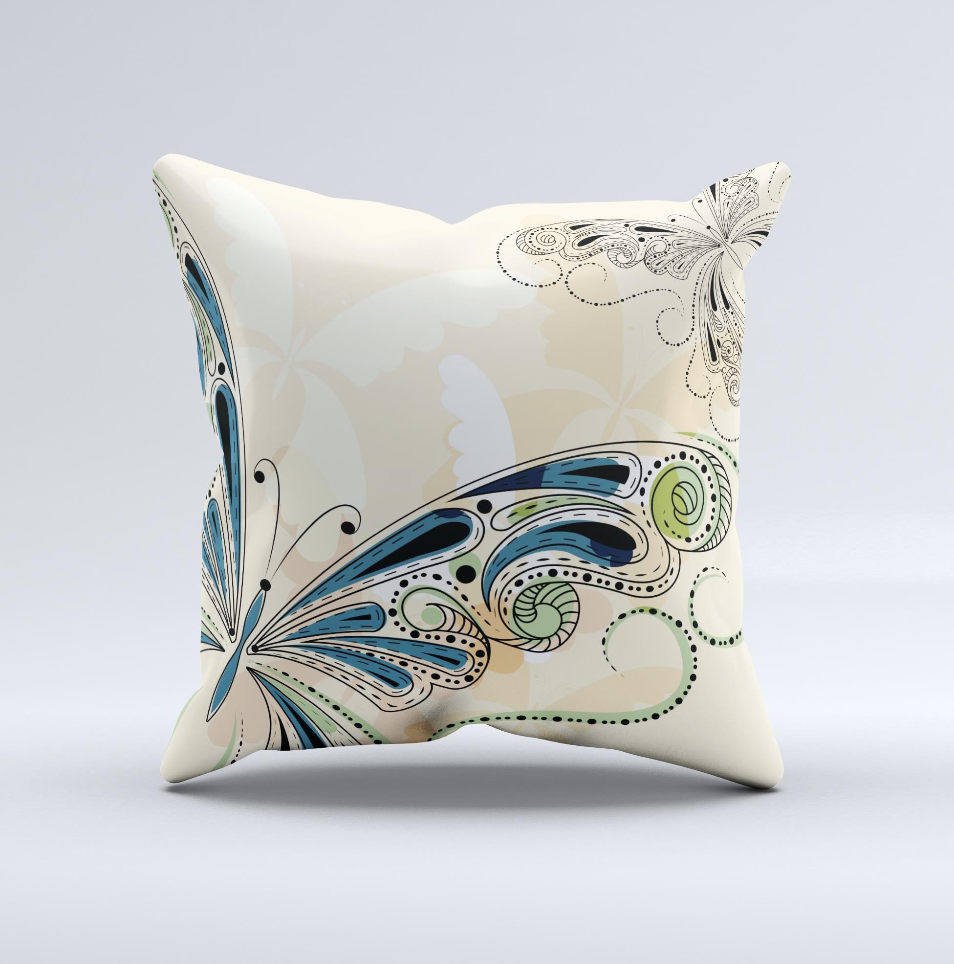 Vibrant tan and blue decorative throw pillow featuring a butterfly outline design, handcrafted in Virginia.