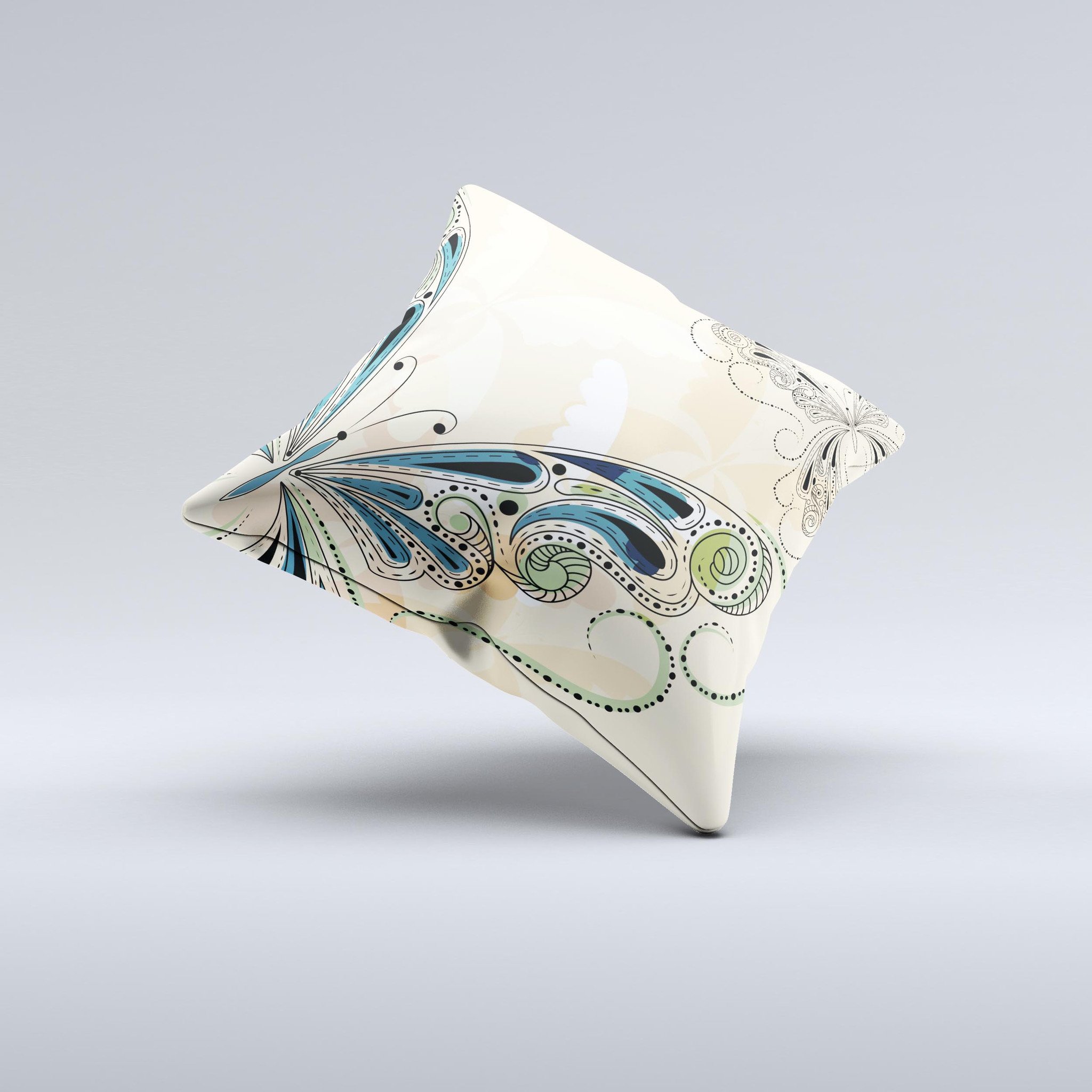 Vibrant tan and blue decorative throw pillow featuring a butterfly outline design, handcrafted in Virginia.