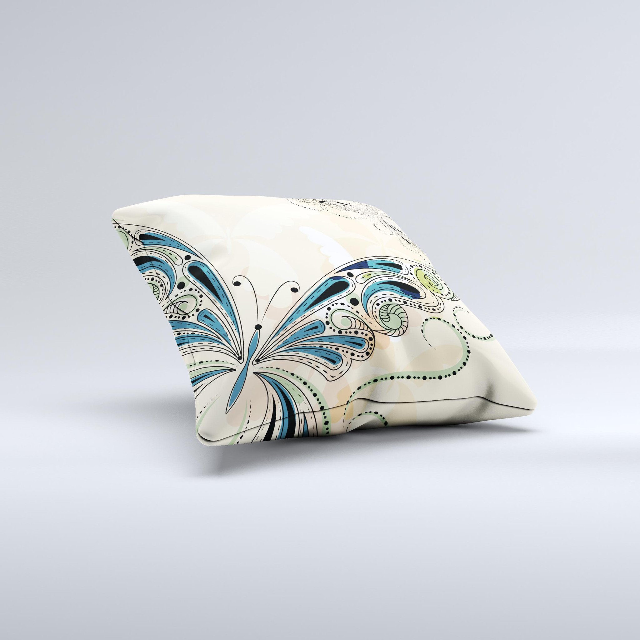 Vibrant tan and blue decorative throw pillow featuring a butterfly outline design, handcrafted in Virginia.