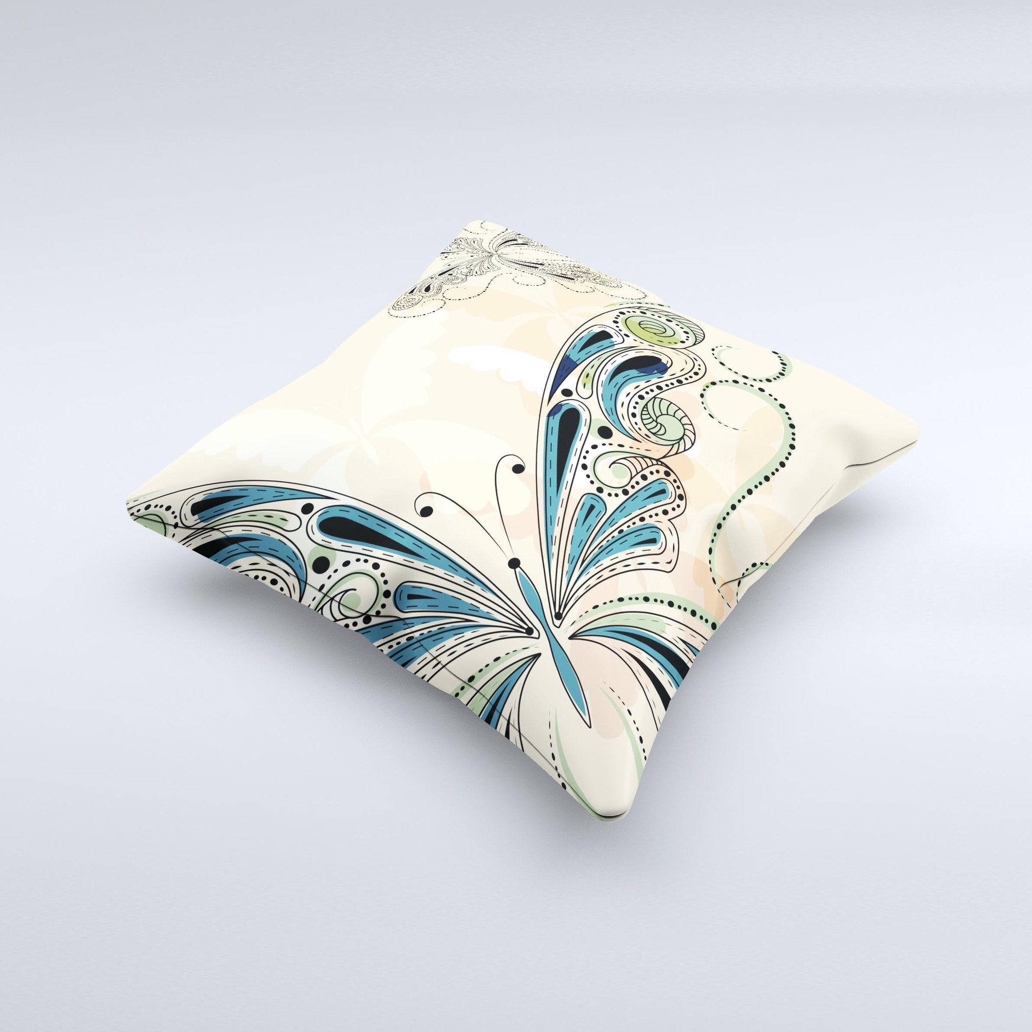 Vibrant tan and blue decorative throw pillow featuring a butterfly outline design, handcrafted in Virginia.