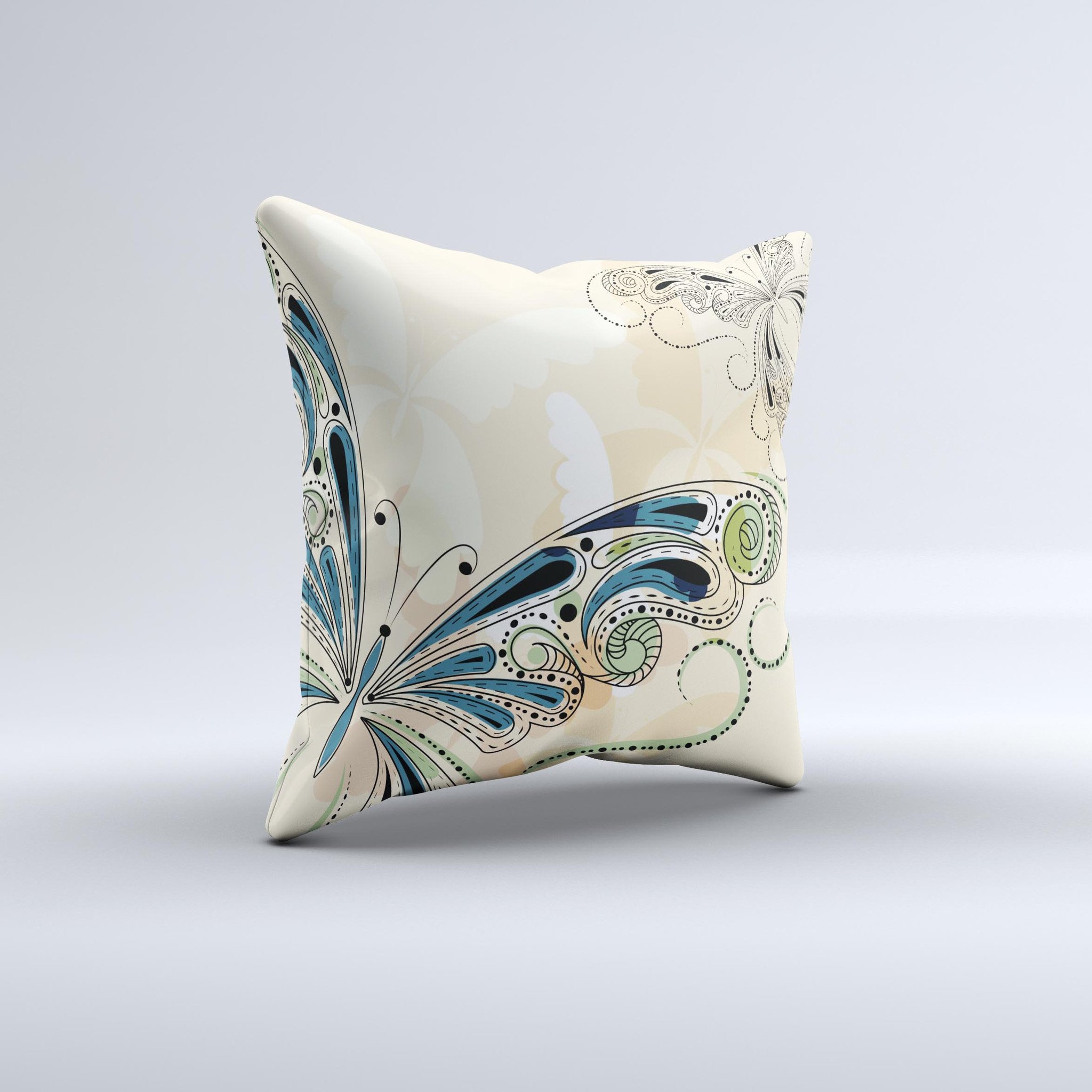 Vibrant tan and blue decorative throw pillow featuring a butterfly outline design, handcrafted in Virginia.