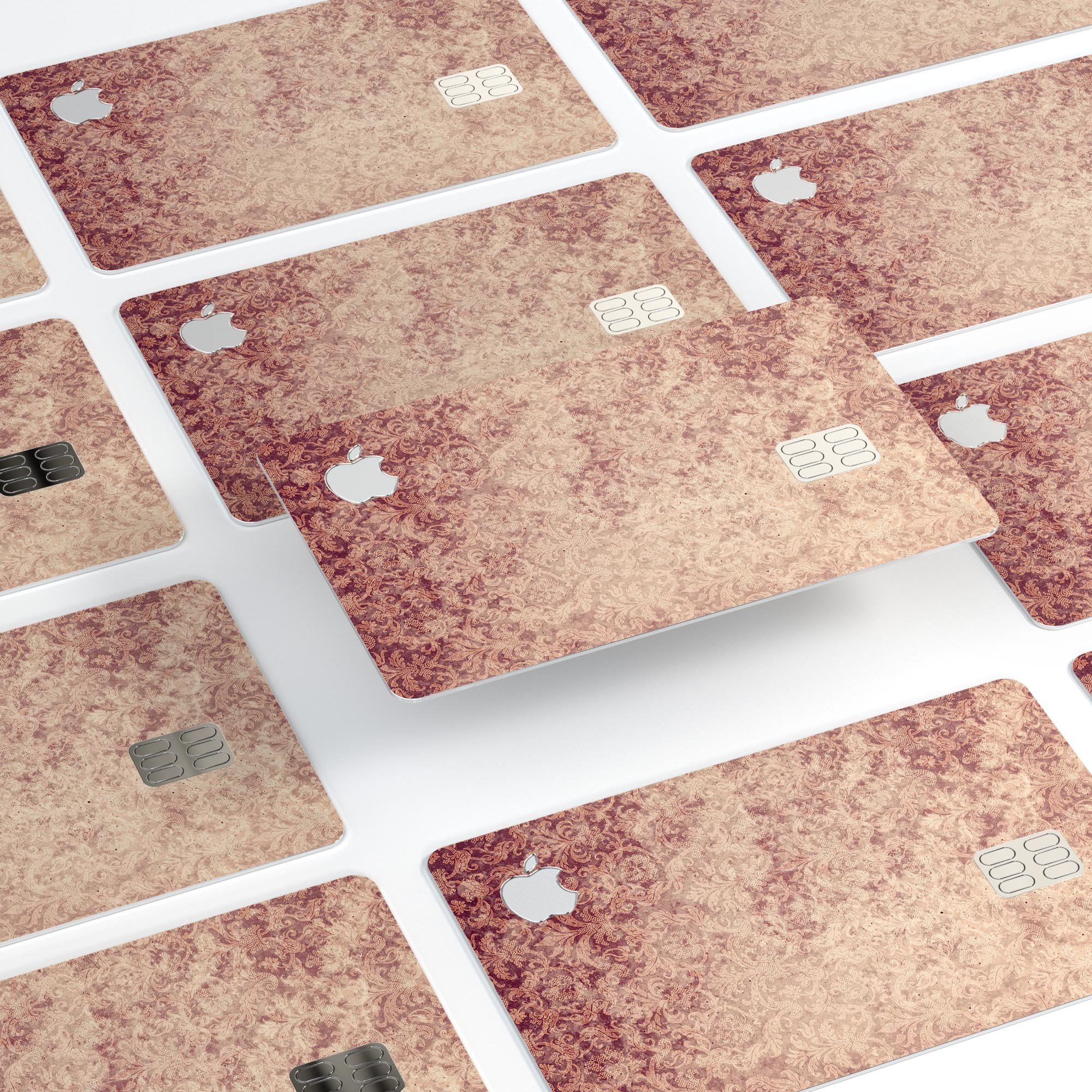 Vintage Faded Maroon Rococo Pattern decal for Apple Card, showcasing intricate design and premium vinyl material.