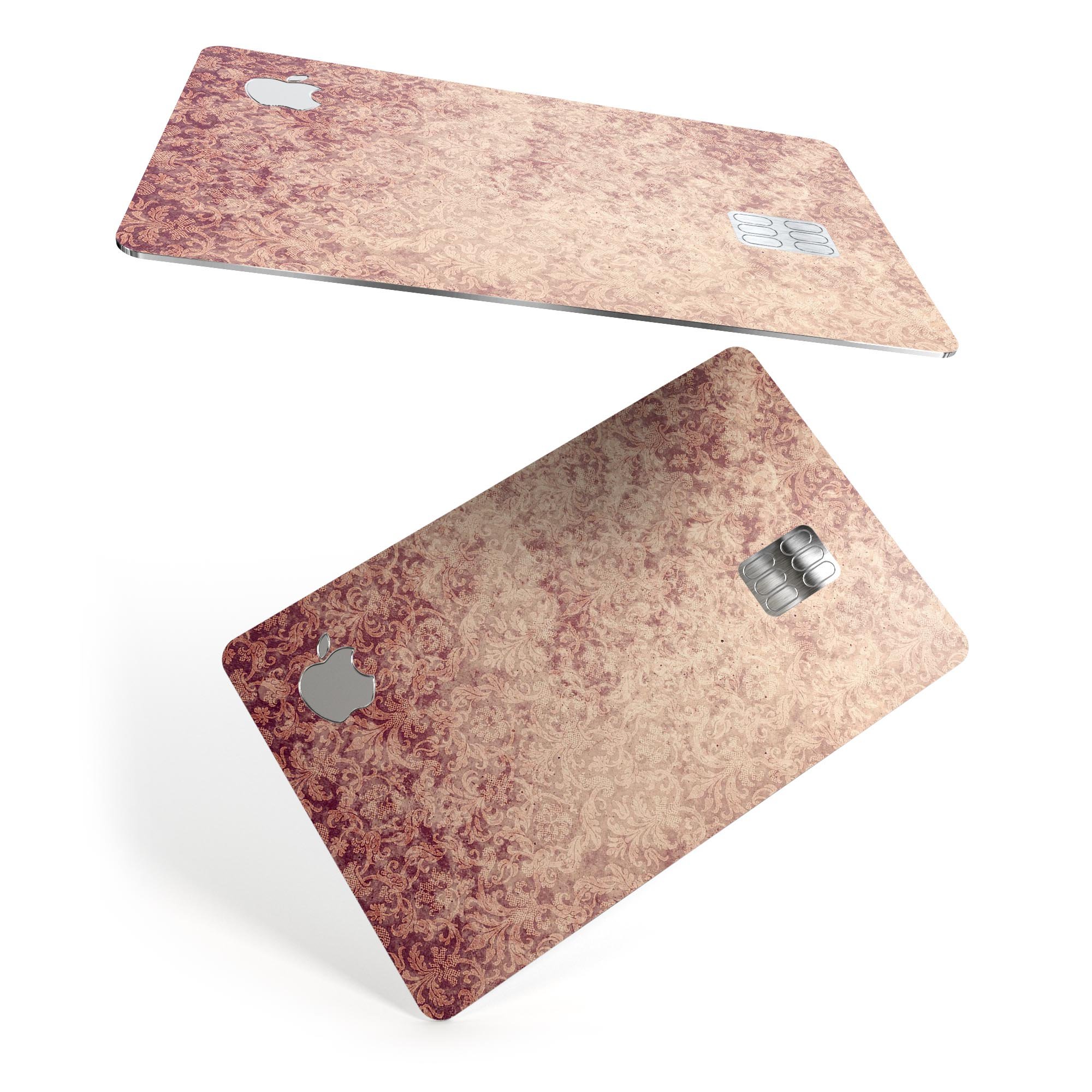 Vintage Faded Maroon Rococo Pattern decal for Apple Card, showcasing intricate design and premium vinyl material.