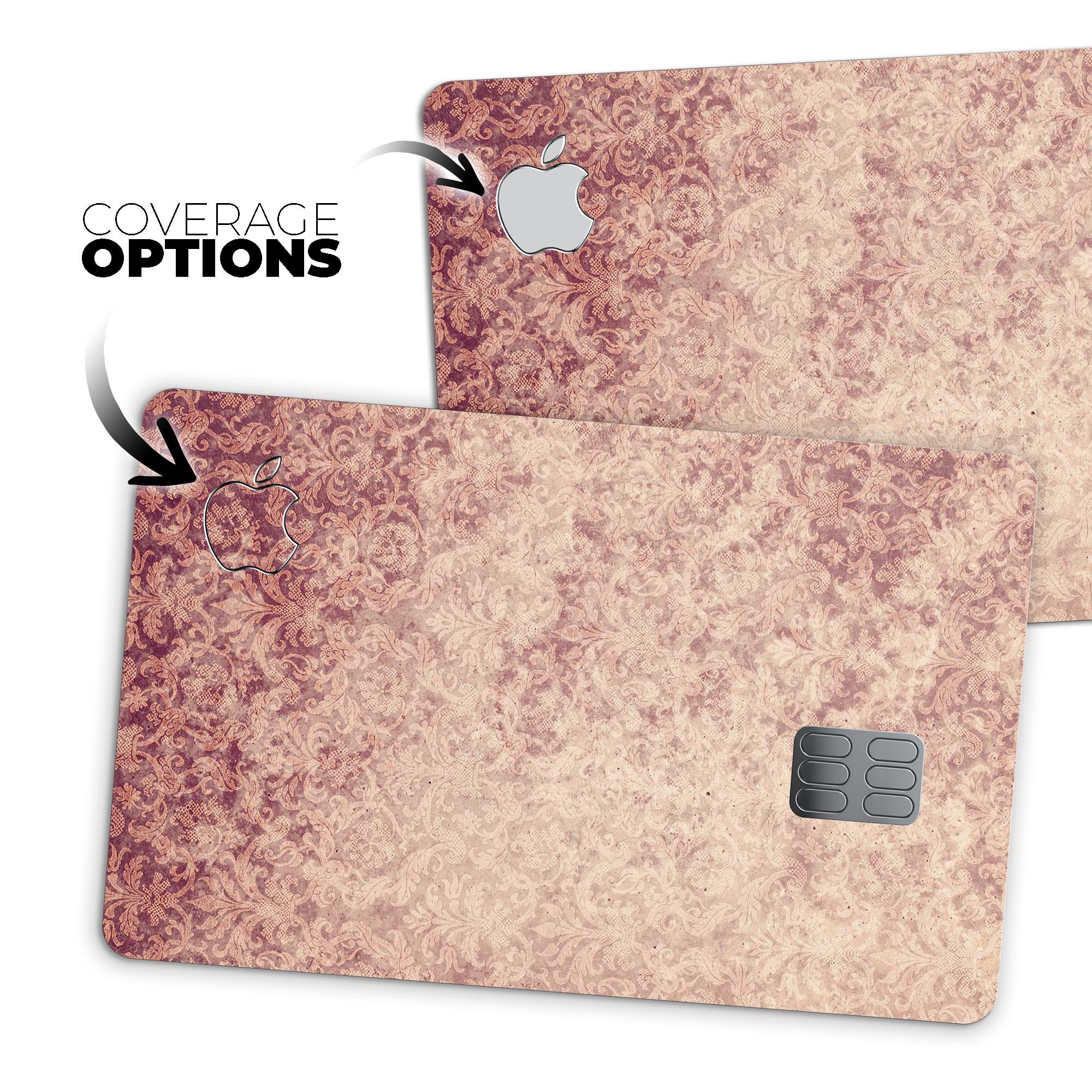 Vintage Faded Maroon Rococo Pattern decal for Apple Card, showcasing intricate design and premium vinyl material.