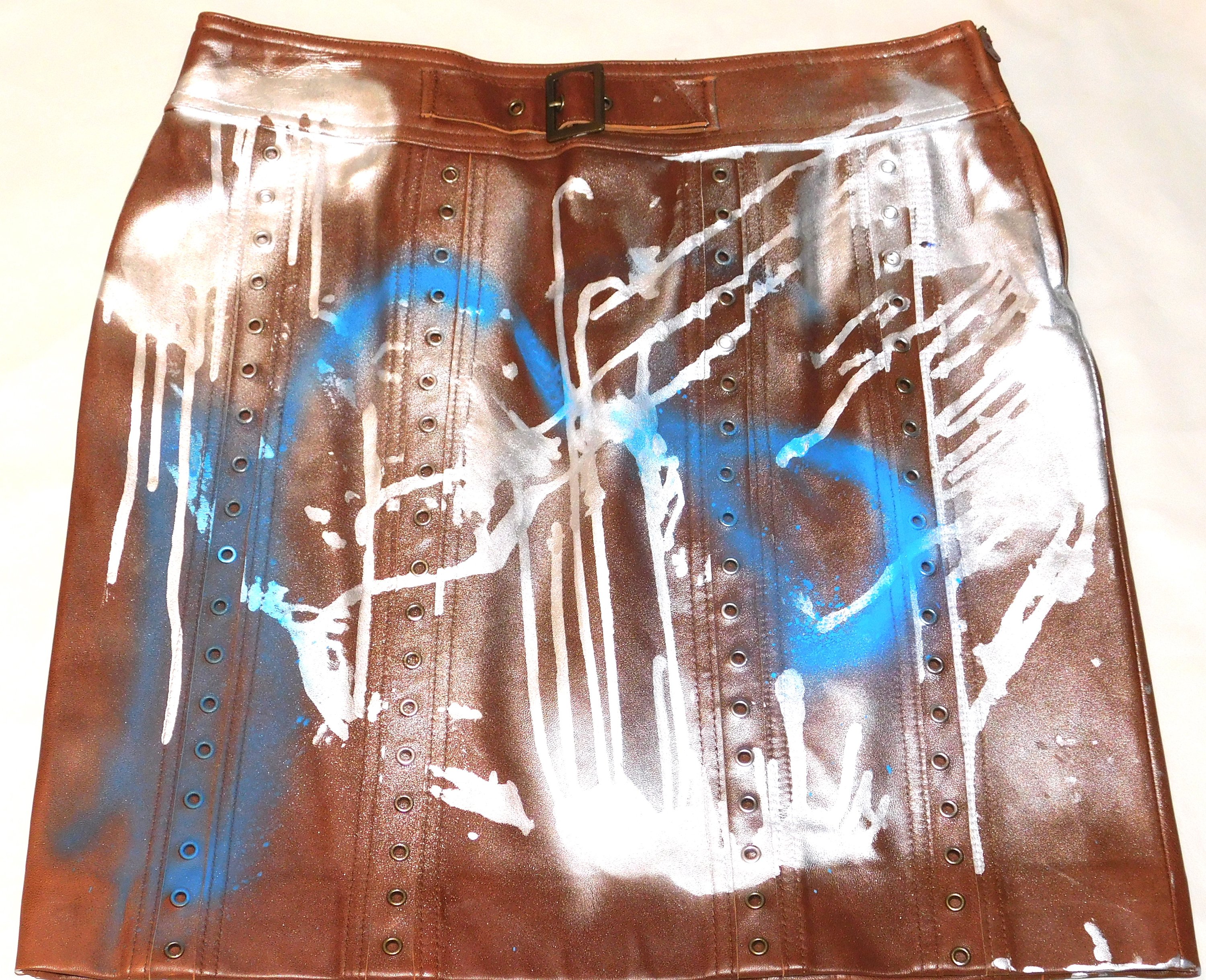 Vintage Leather Graphic COCO MINI Skirt featuring unique graphic design, handmade in Los Angeles, showcasing soft leather material.