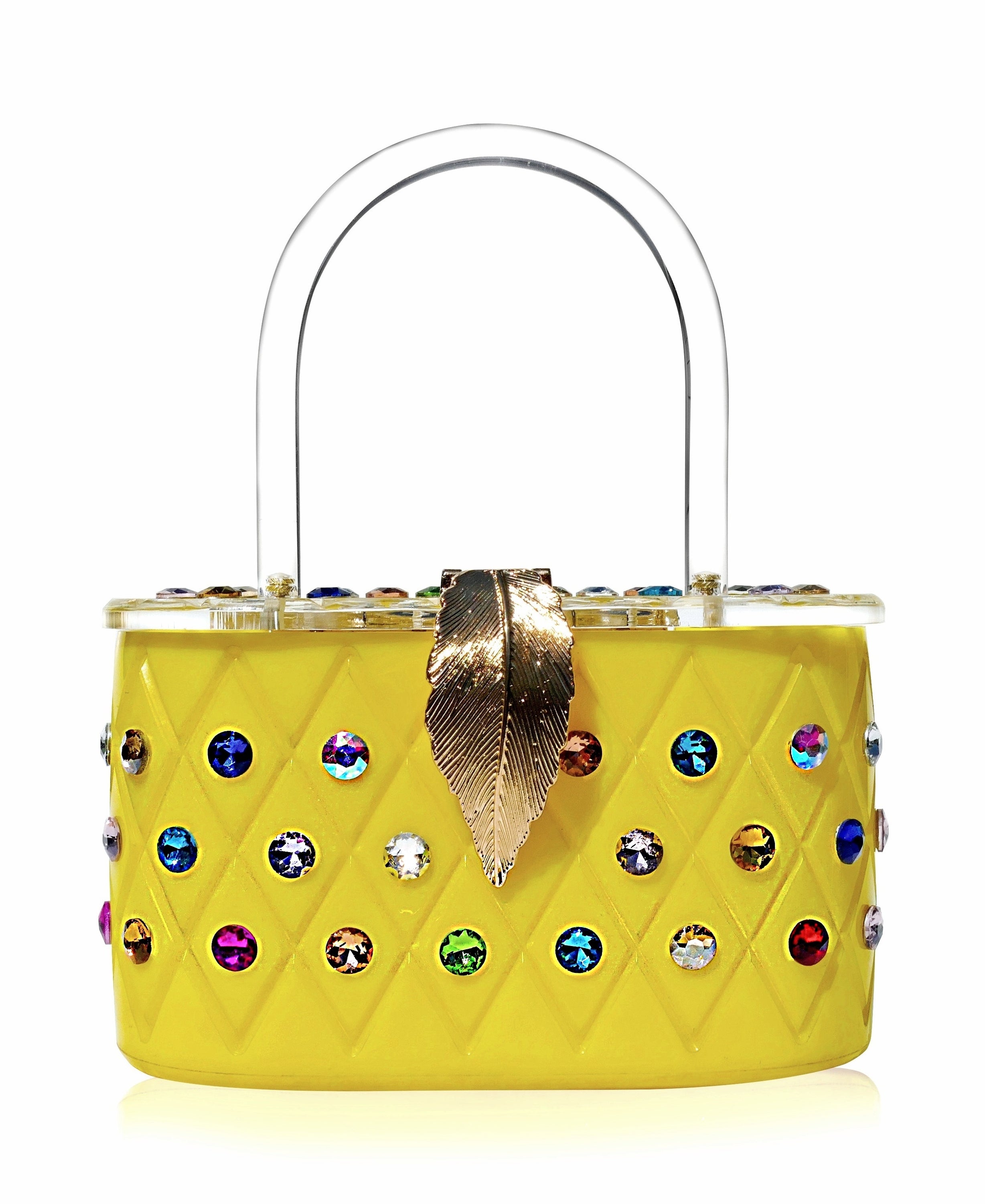 Vintage Lemon Yellow Acrylic Top Handle Clutch Bag with engraved pattern and colorful crystals, showcasing its elegant design.