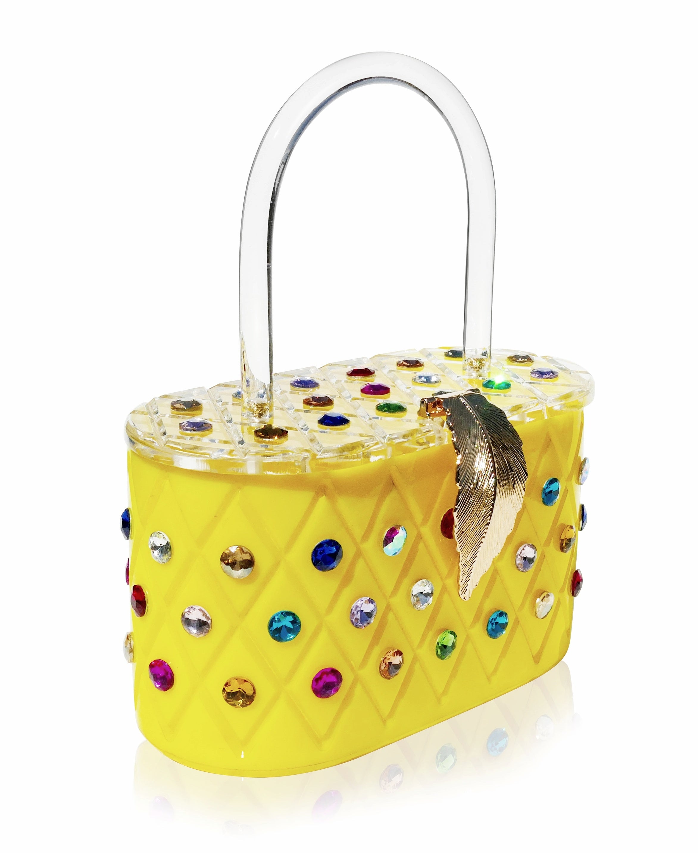 Vintage Lemon Yellow Acrylic Top Handle Clutch Bag with engraved pattern and colorful crystals, showcasing its elegant design.