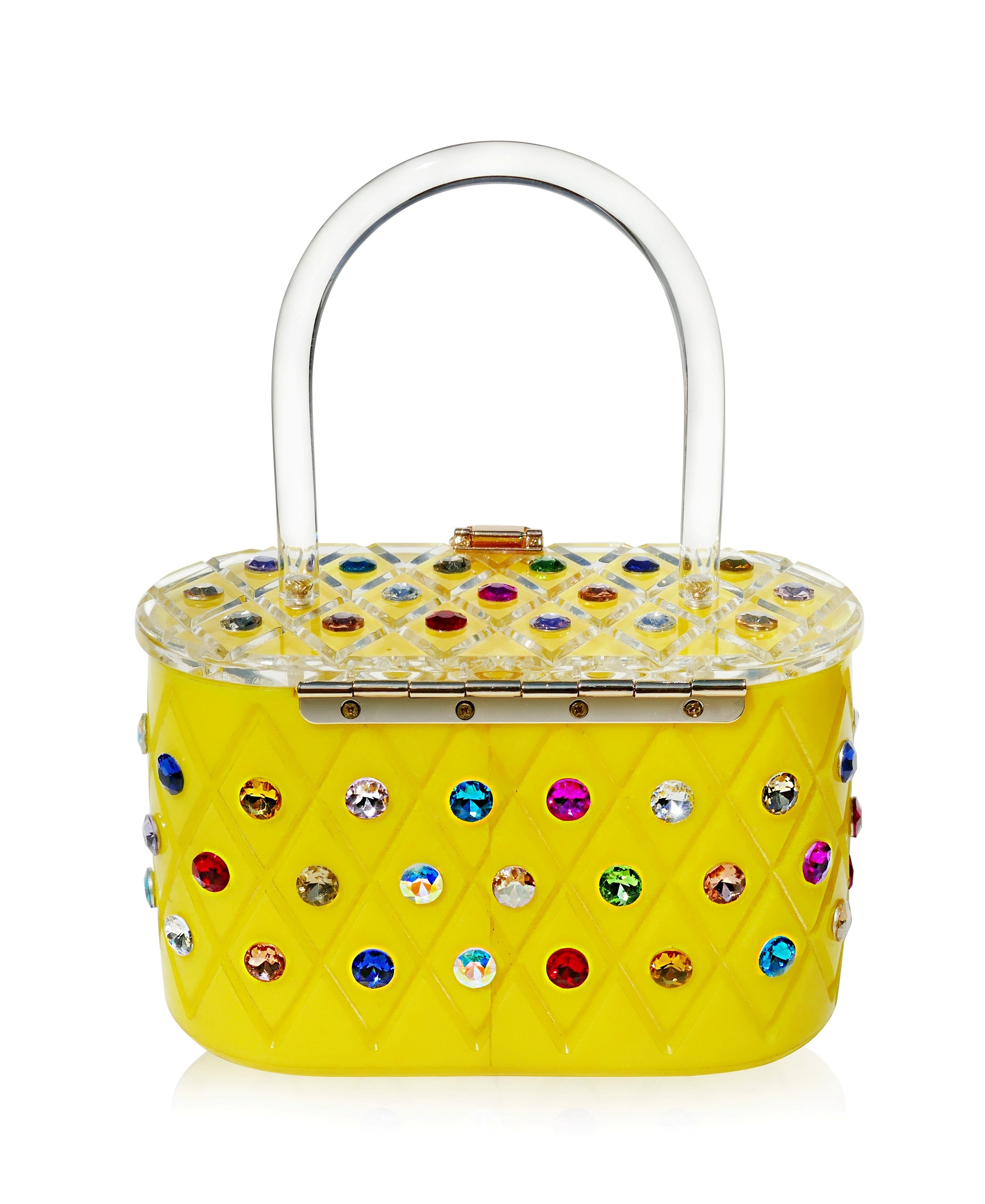 Vintage Lemon Yellow Acrylic Top Handle Clutch Bag with engraved pattern and colorful crystals, showcasing its elegant design.