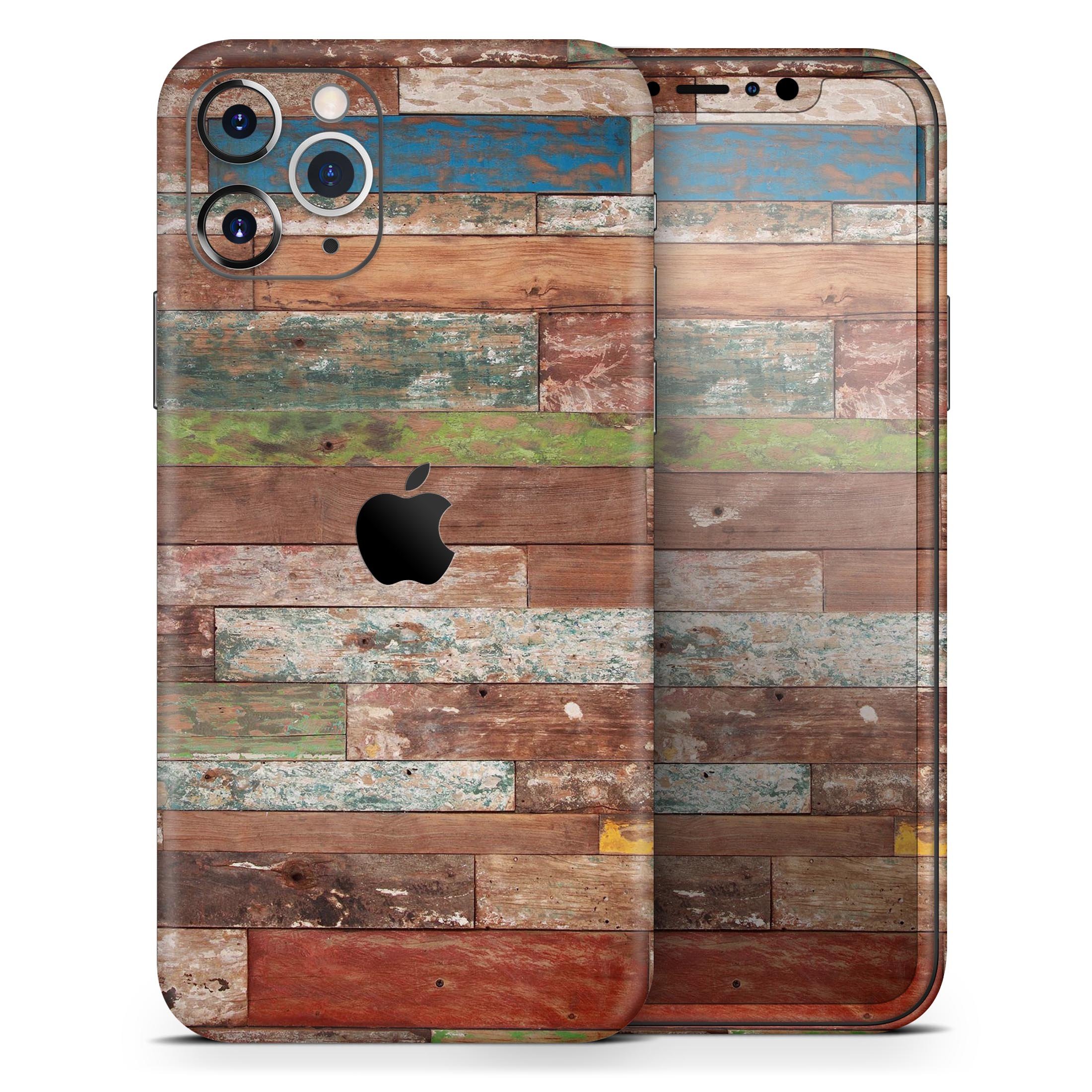 Vintage Wood Planks Skin-Kit for Apple iPhone 14, showcasing a stylish wood design on a sleek phone surface.