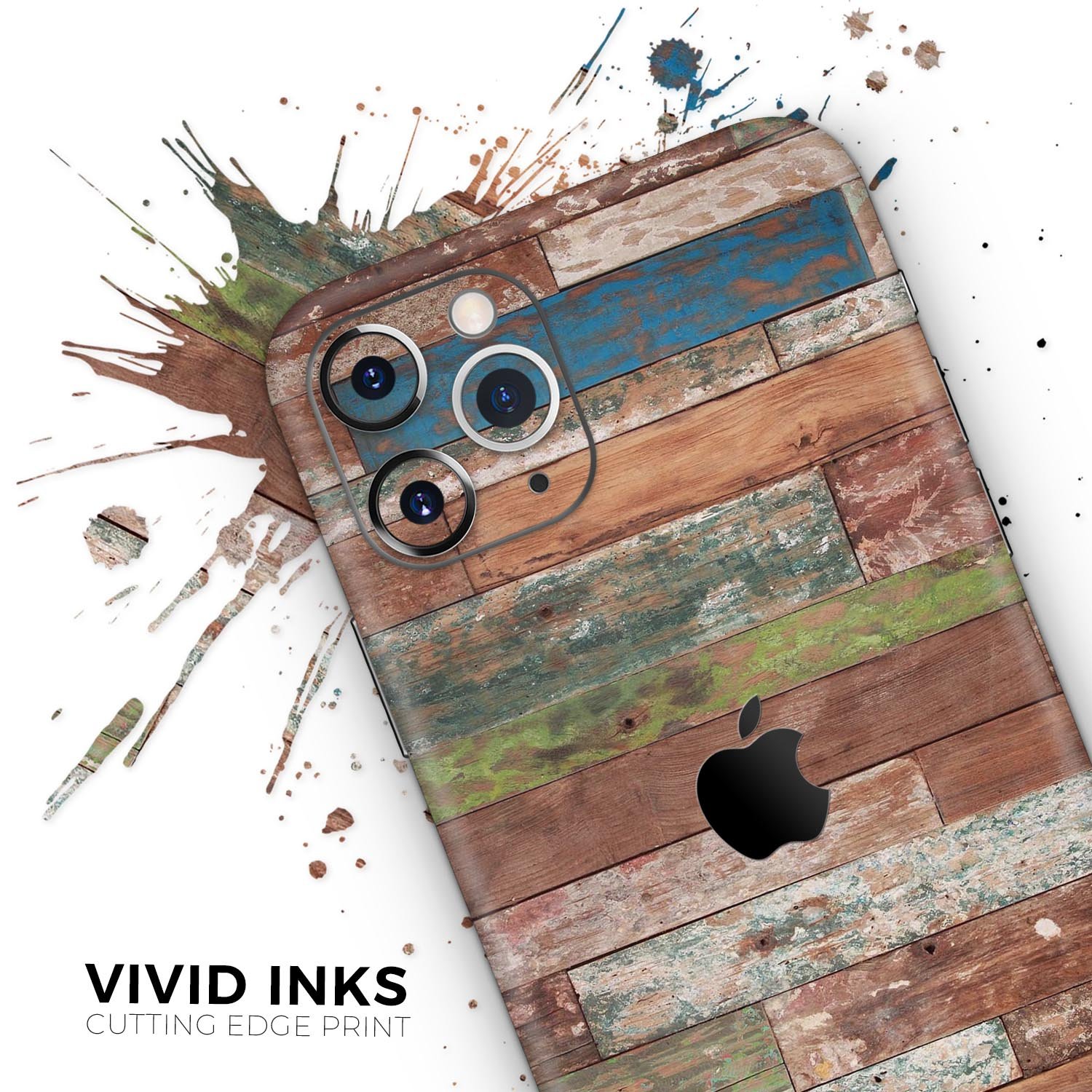 Vintage Wood Planks Skin-Kit for Apple iPhone 14, showcasing a stylish wood design on a sleek phone surface.