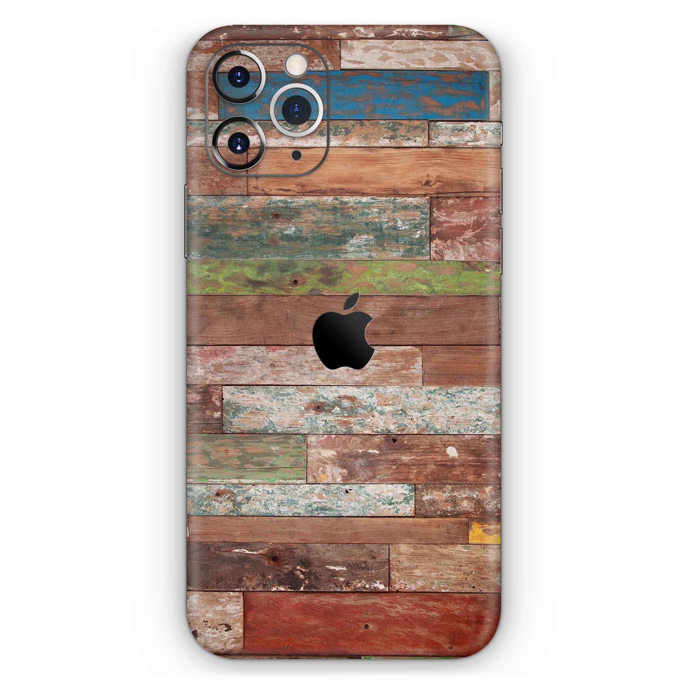 Vintage Wood Planks Skin-Kit for Apple iPhone 14, showcasing a stylish wood design on a sleek phone surface.